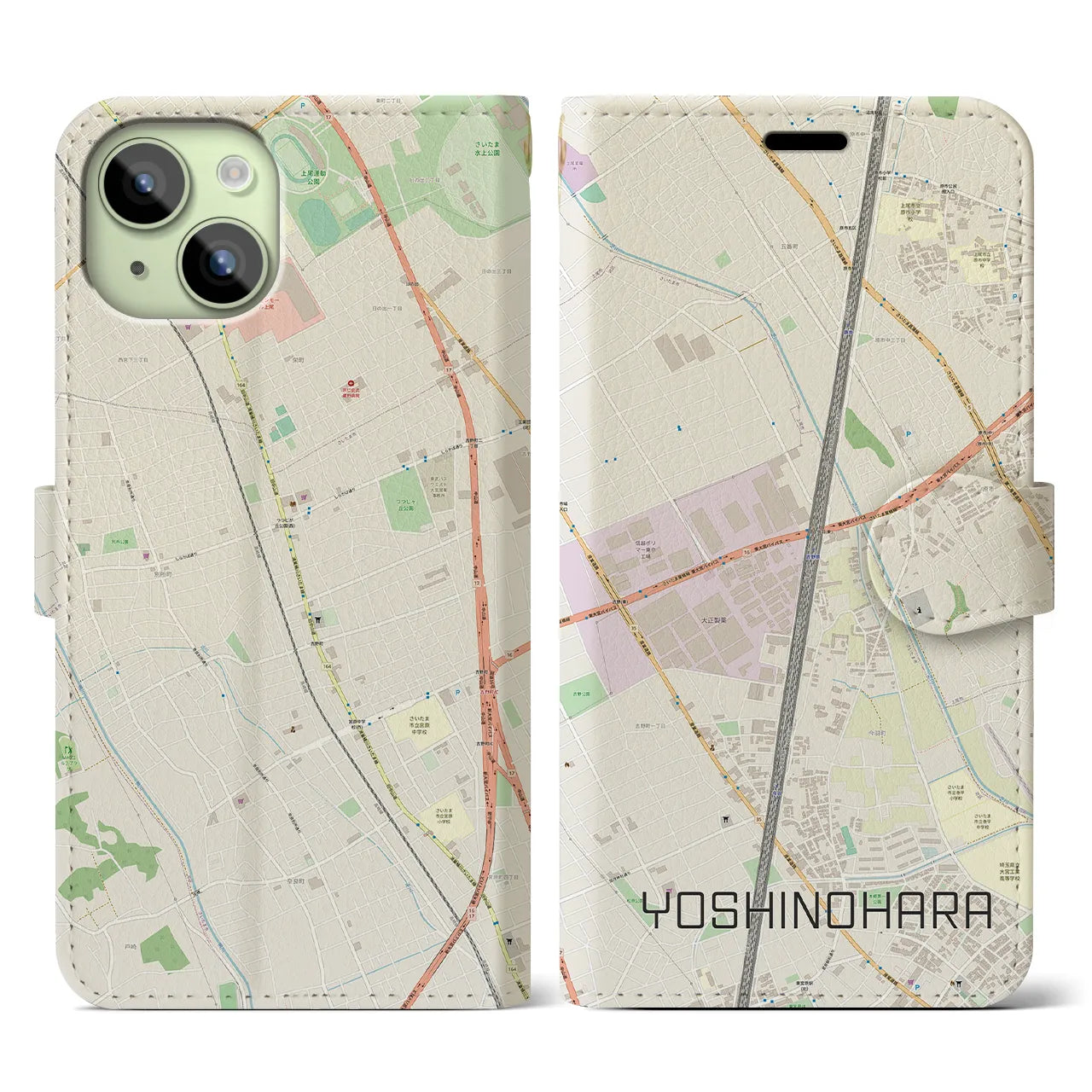 【吉野原】地図柄iPhoneケース（手帳両面タイプ・ナチュラル）iPhone 15 用
