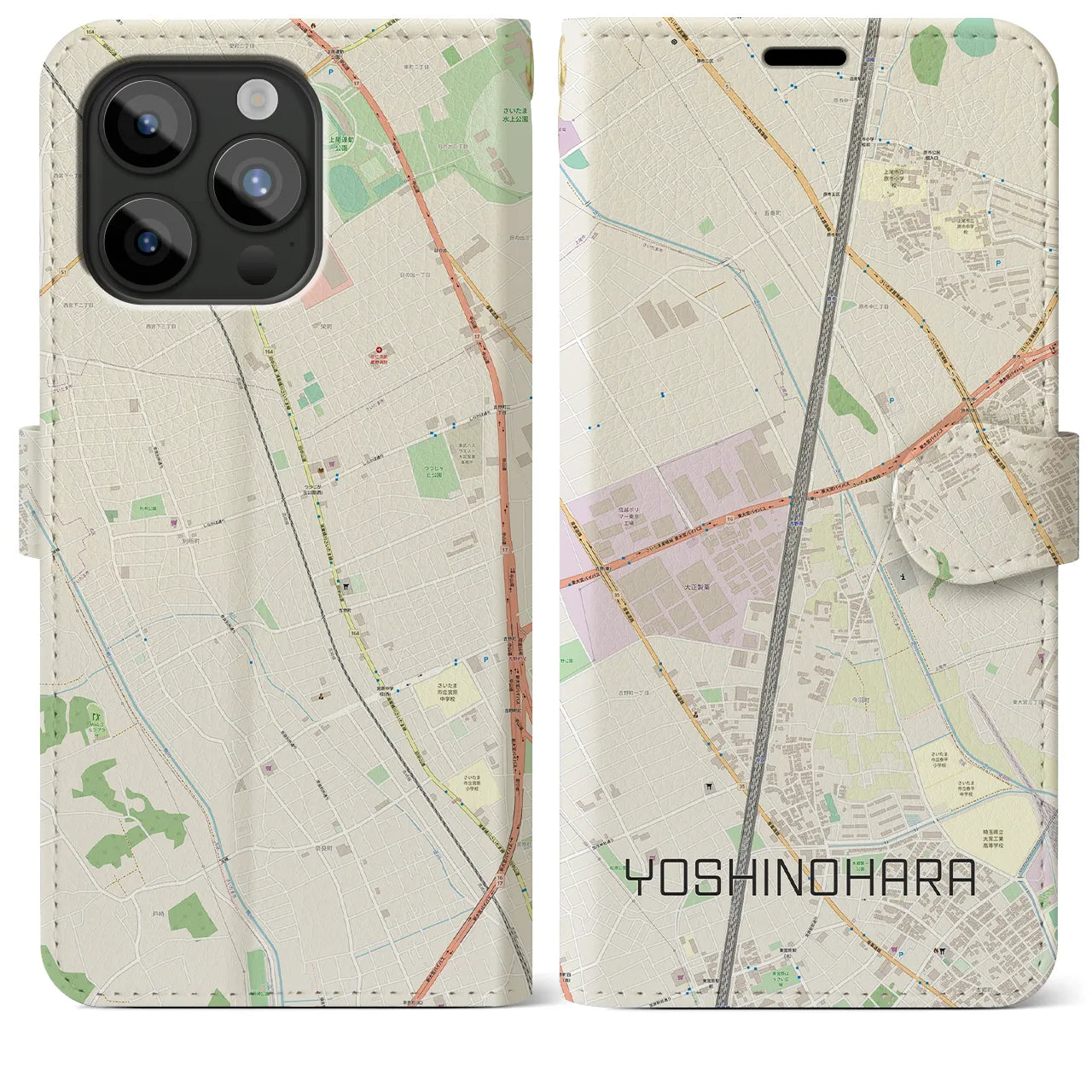 【吉野原】地図柄iPhoneケース（手帳両面タイプ・ナチュラル）iPhone 15 Pro Max 用