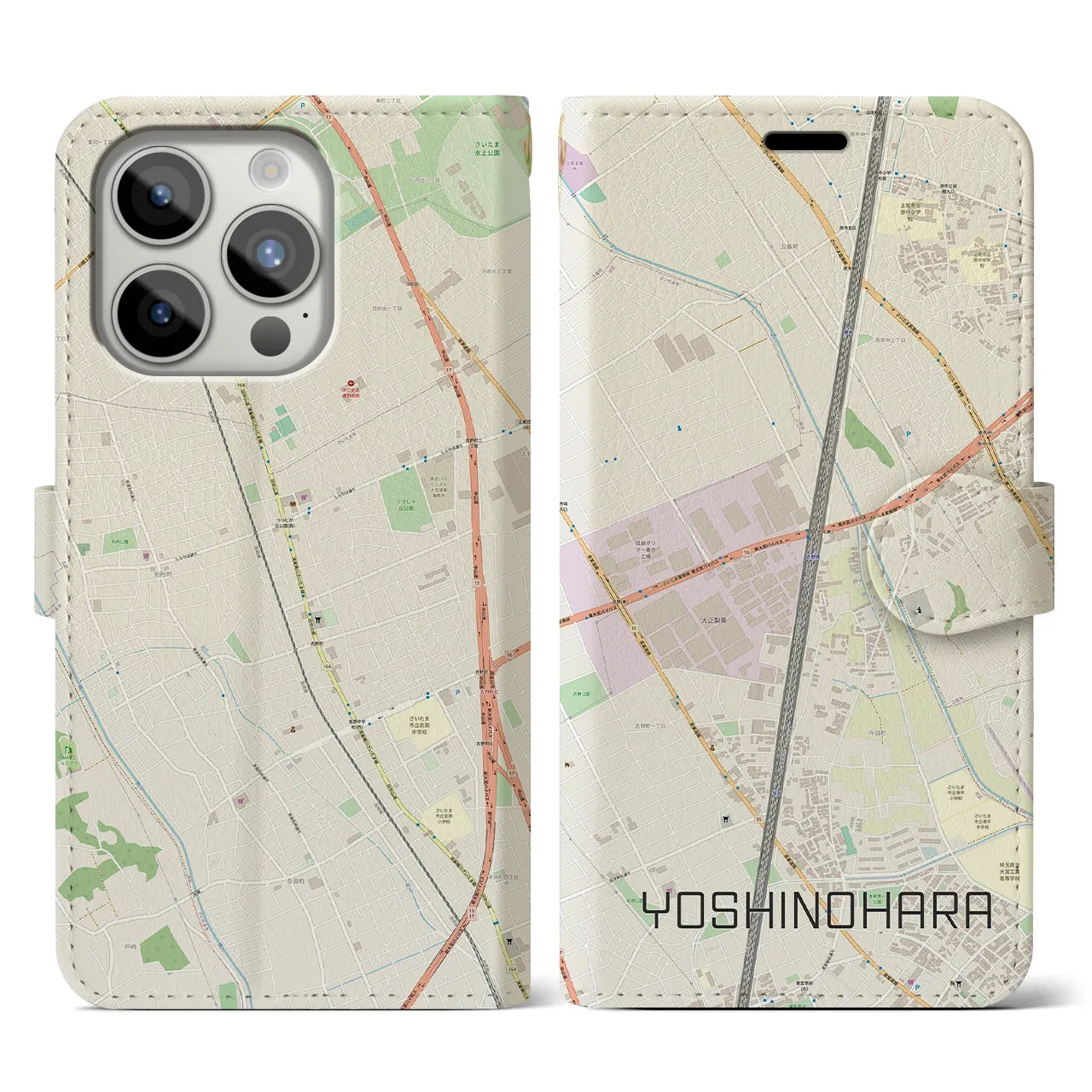 【吉野原】地図柄iPhoneケース（手帳両面タイプ・ナチュラル）iPhone 15 Pro 用