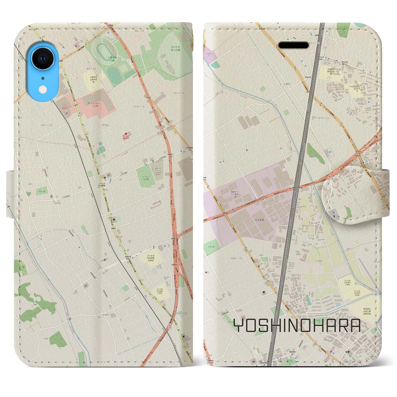 【吉野原】地図柄iPhoneケース（手帳両面タイプ・ナチュラル）iPhone XR 用
