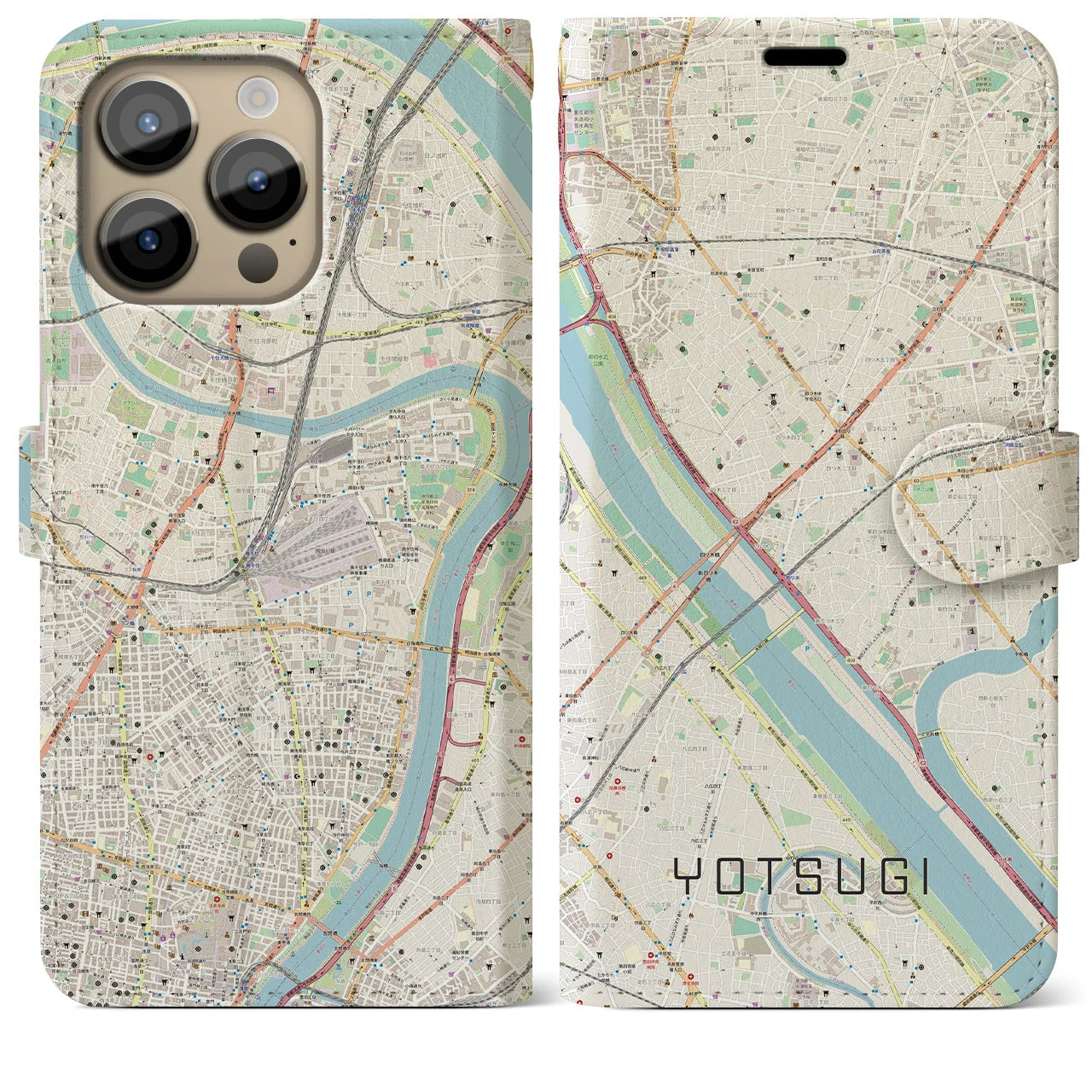 【四ツ木】地図柄iPhoneケース（手帳両面タイプ・ナチュラル）iPhone 14 Pro Max 用