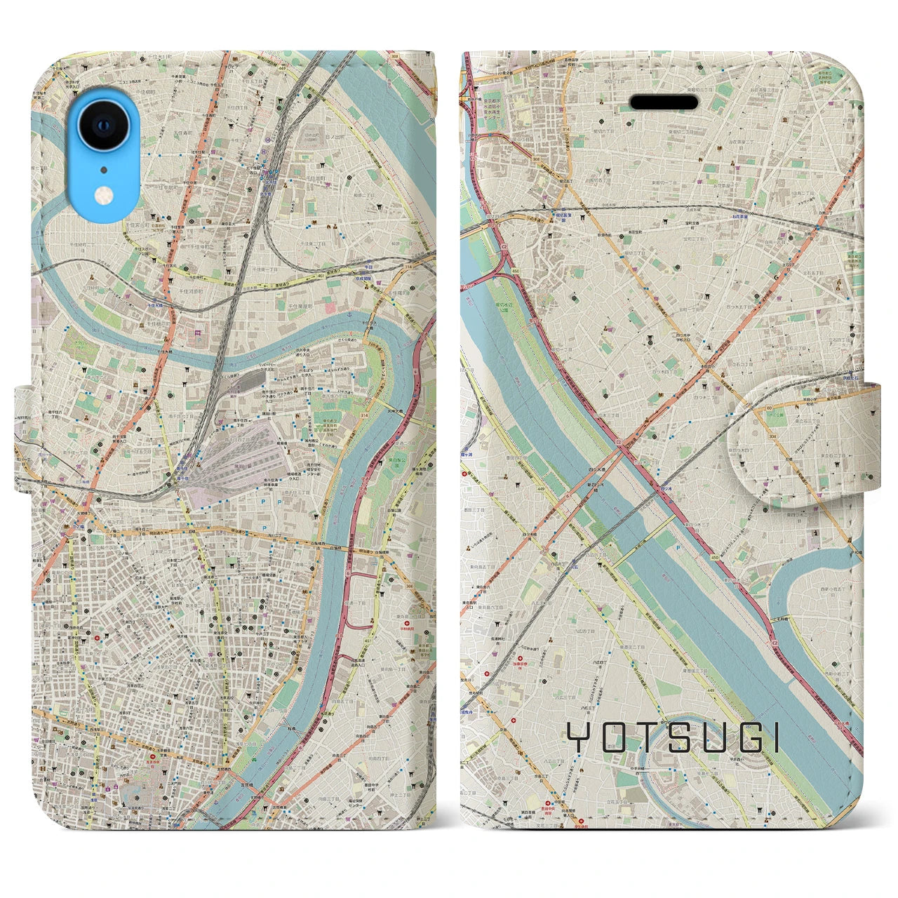 【四ツ木】地図柄iPhoneケース（手帳両面タイプ・ナチュラル）iPhone XR 用