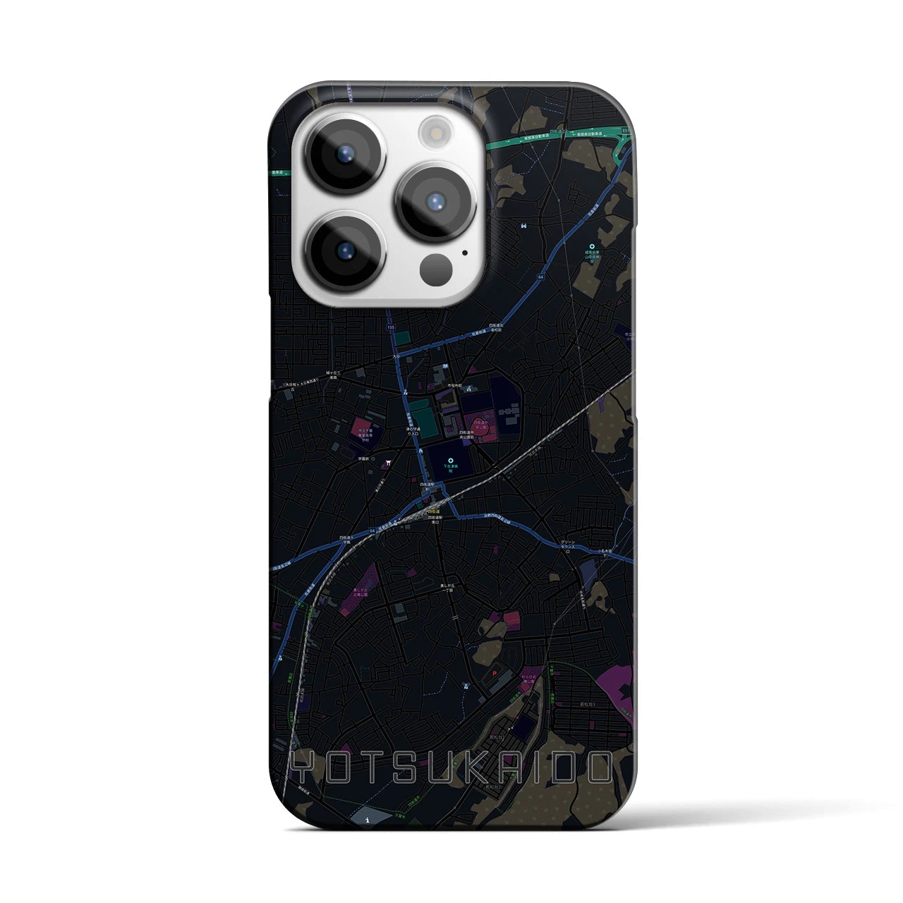 【四街道】地図柄iPhoneケース（バックカバータイプ・ブラック）iPhone 14 Pro 用