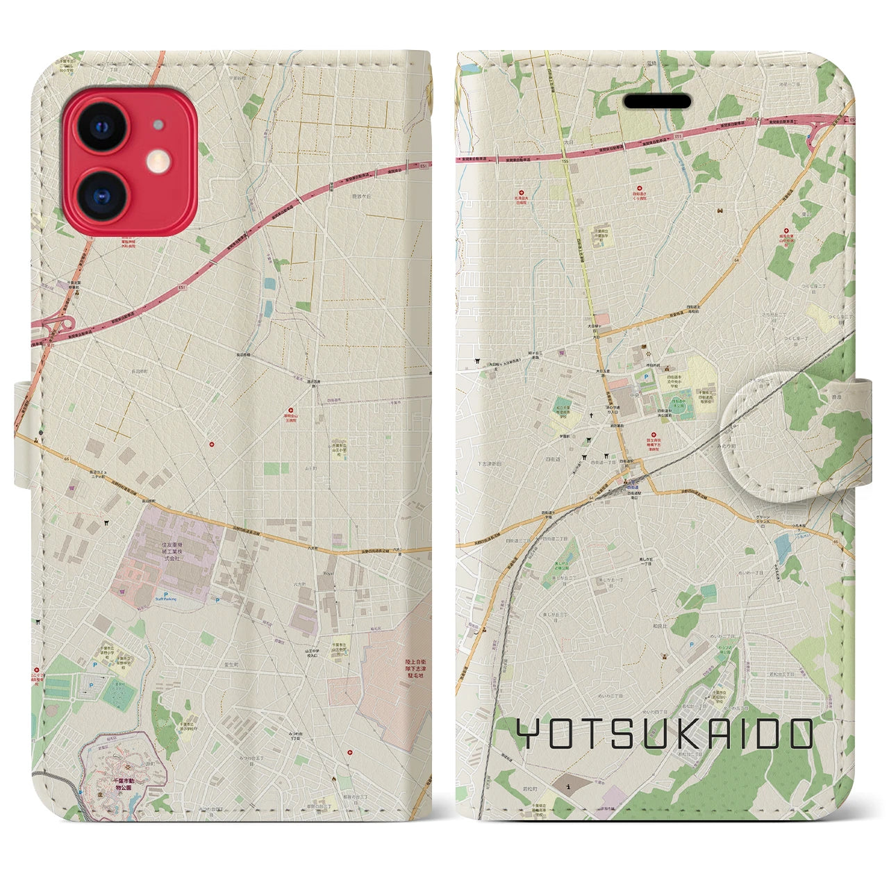 【四街道】地図柄iPhoneケース（手帳両面タイプ・ナチュラル）iPhone 11 用