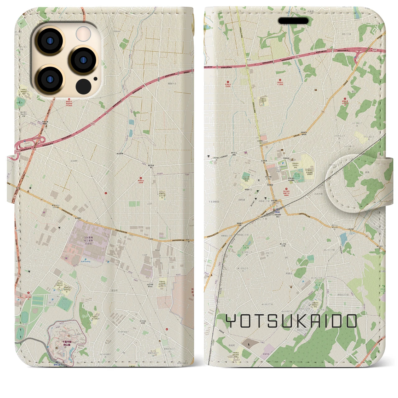 【四街道】地図柄iPhoneケース（手帳両面タイプ・ナチュラル）iPhone 12 Pro Max 用