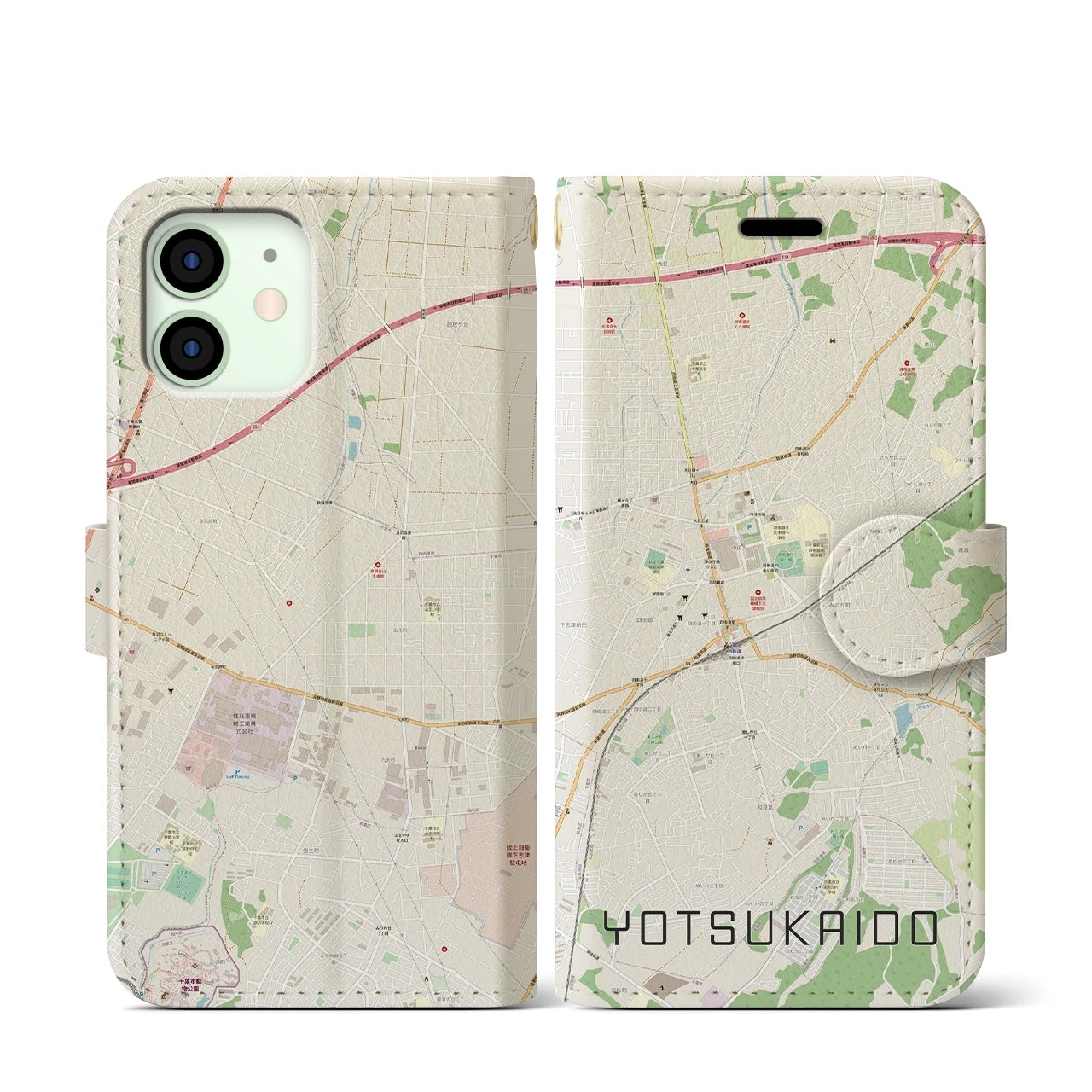 【四街道】地図柄iPhoneケース（手帳両面タイプ・ナチュラル）iPhone 12 mini 用