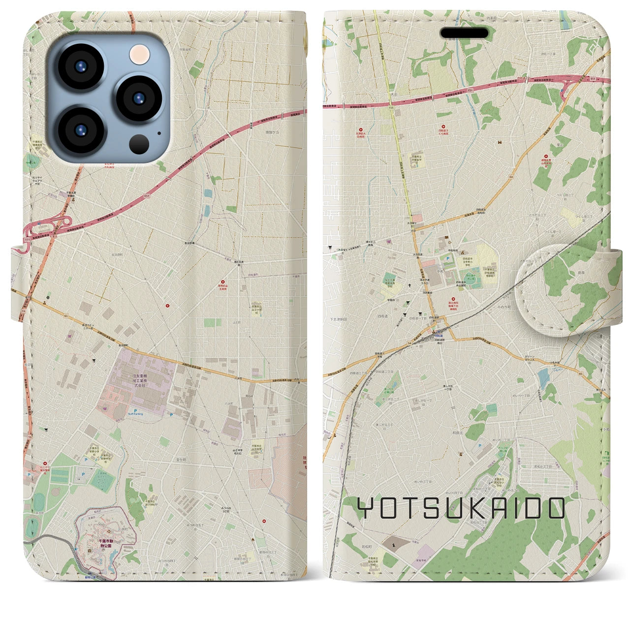 【四街道】地図柄iPhoneケース（手帳両面タイプ・ナチュラル）iPhone 13 Pro Max 用