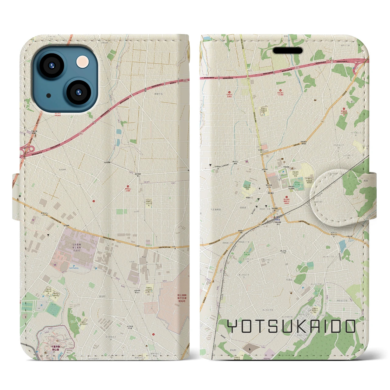 【四街道】地図柄iPhoneケース（手帳両面タイプ・ナチュラル）iPhone 13 用