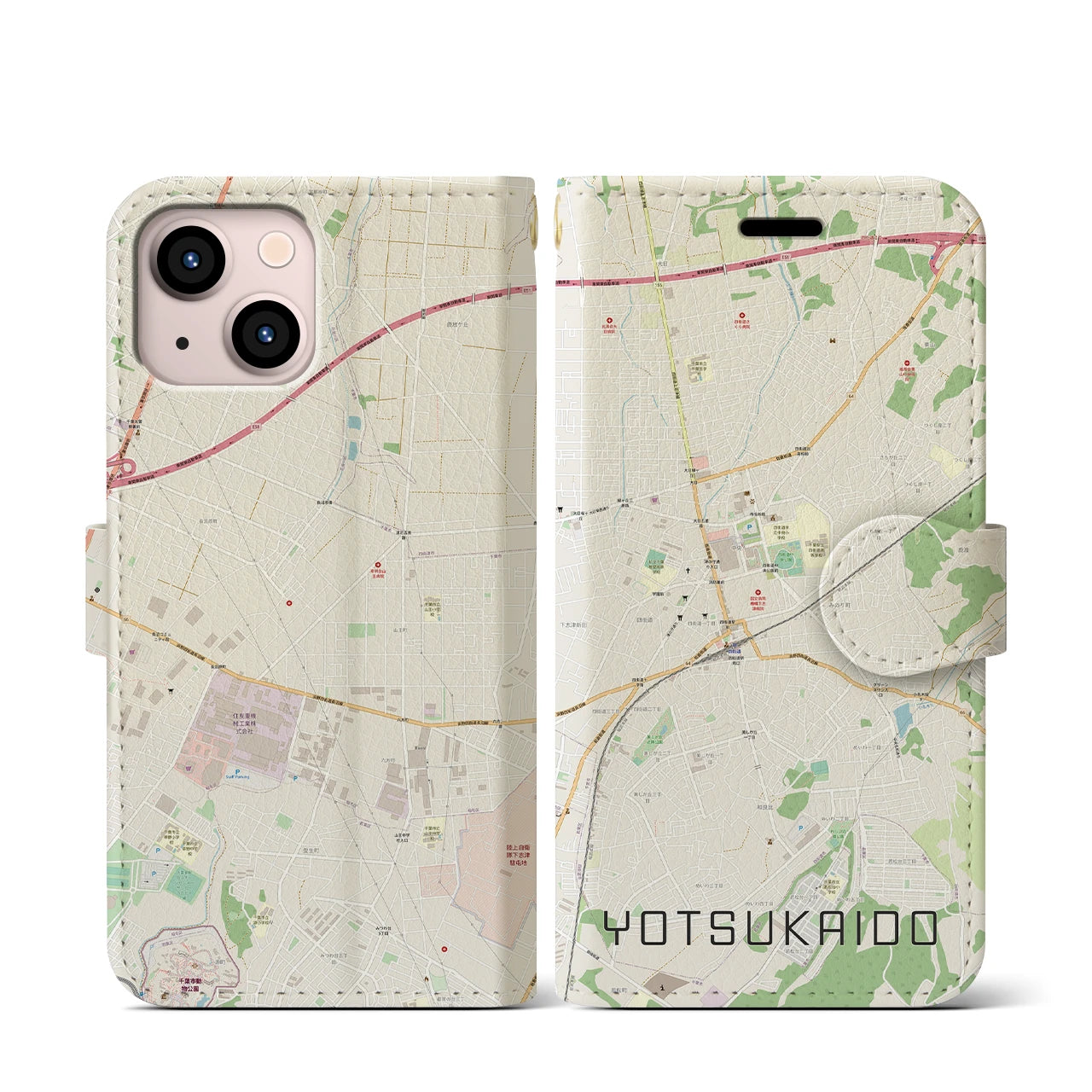 【四街道】地図柄iPhoneケース（手帳両面タイプ・ナチュラル）iPhone 13 mini 用