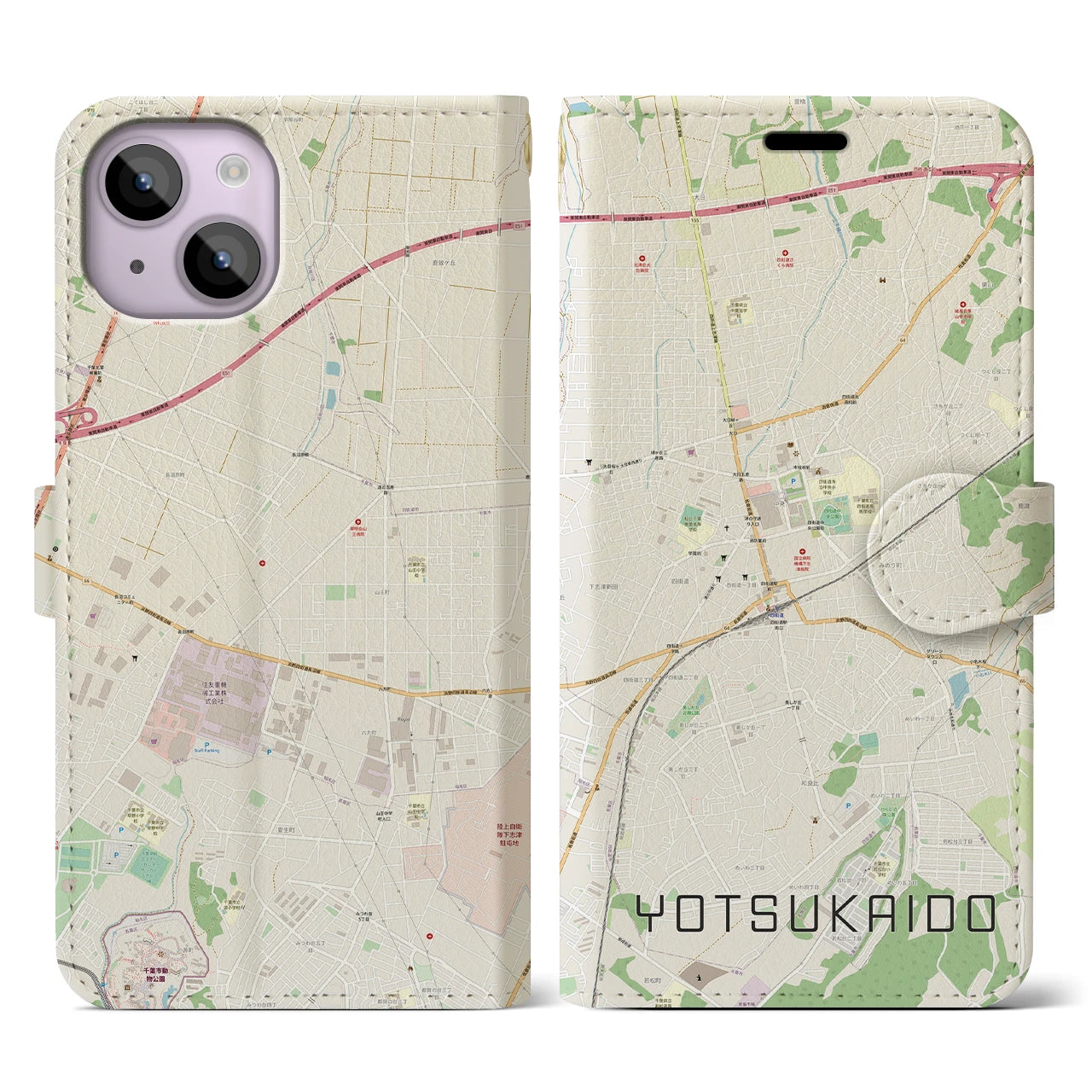 【四街道】地図柄iPhoneケース（手帳両面タイプ・ナチュラル）iPhone 14 用