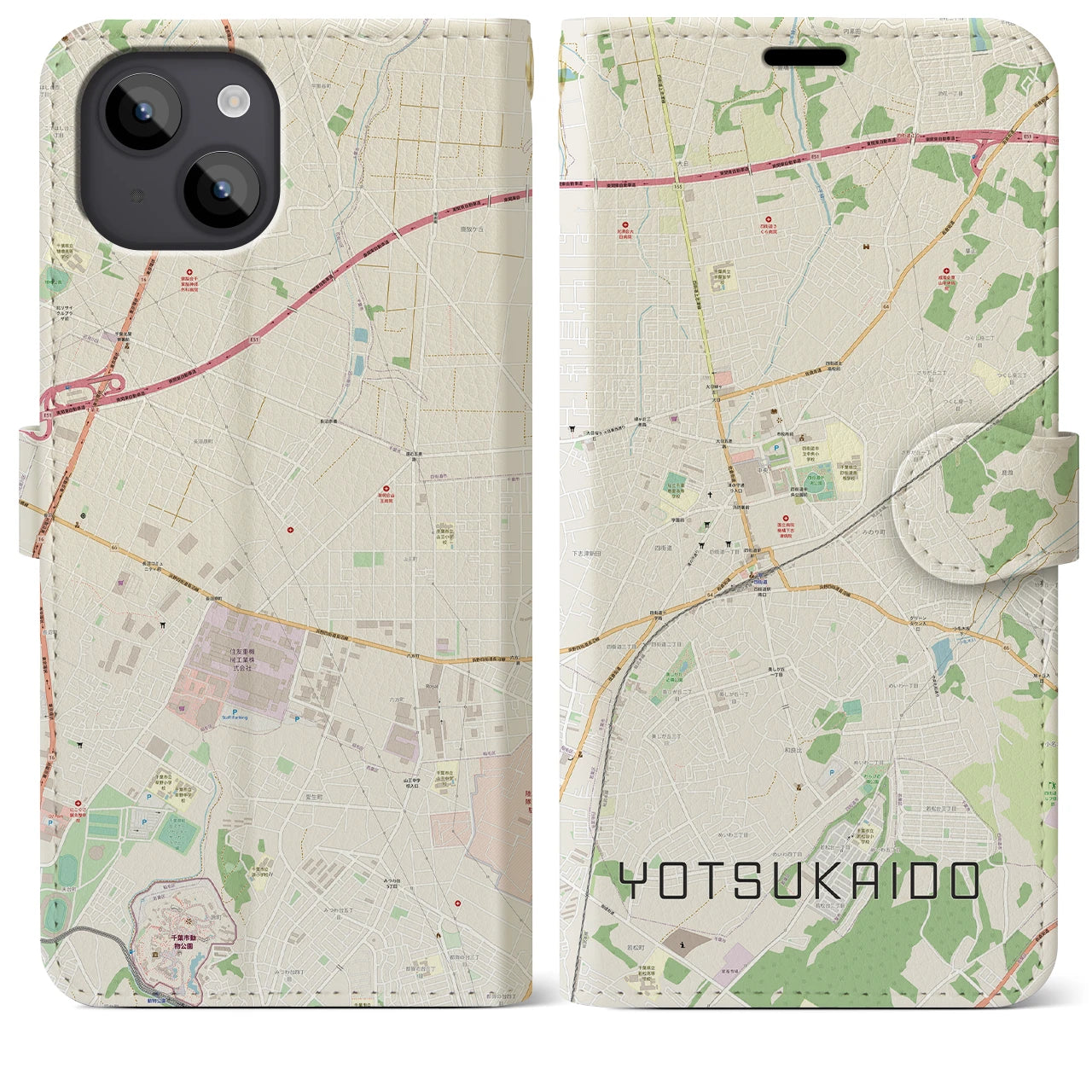 【四街道】地図柄iPhoneケース（手帳両面タイプ・ナチュラル）iPhone 14 Plus 用