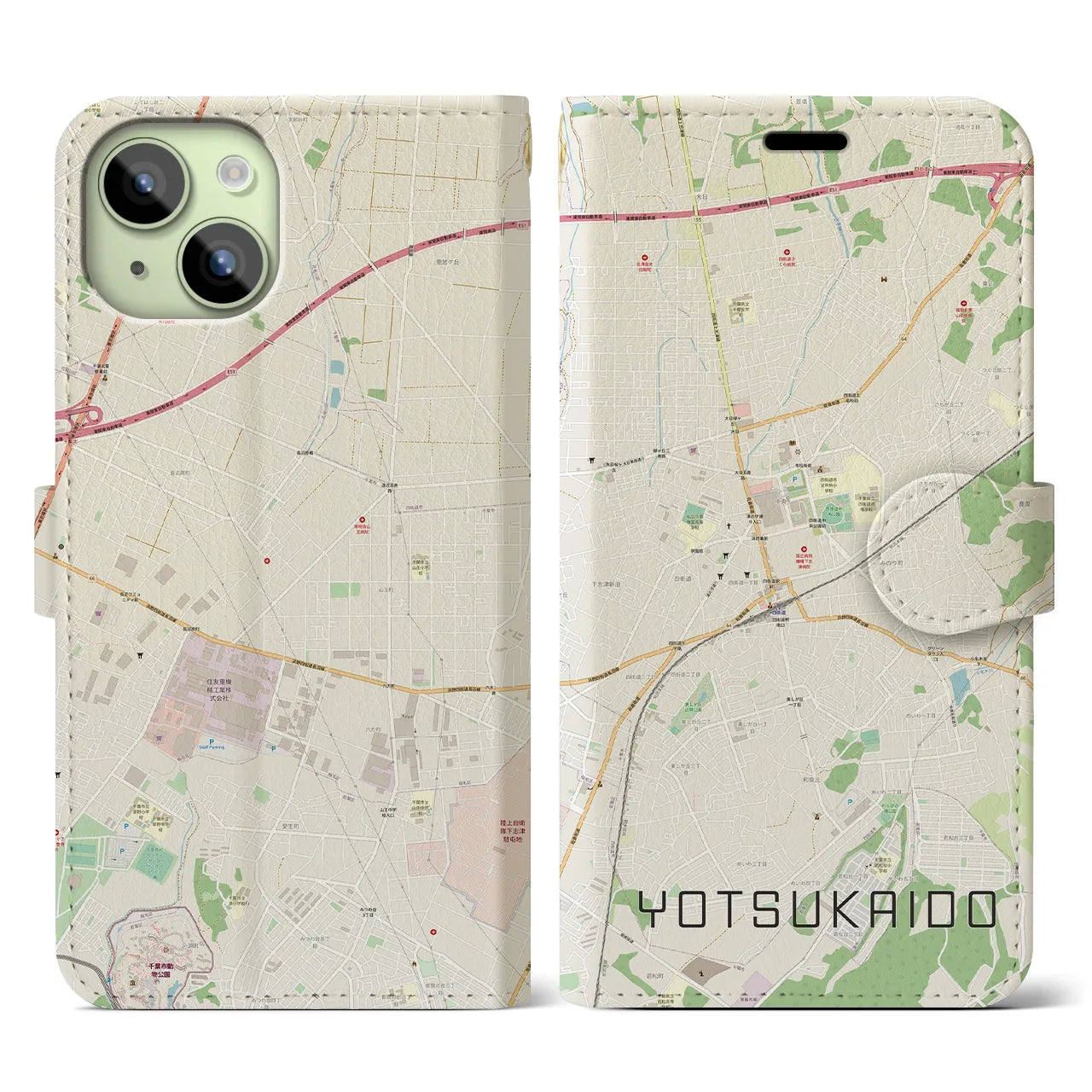 【四街道】地図柄iPhoneケース（手帳両面タイプ・ナチュラル）iPhone 15 用