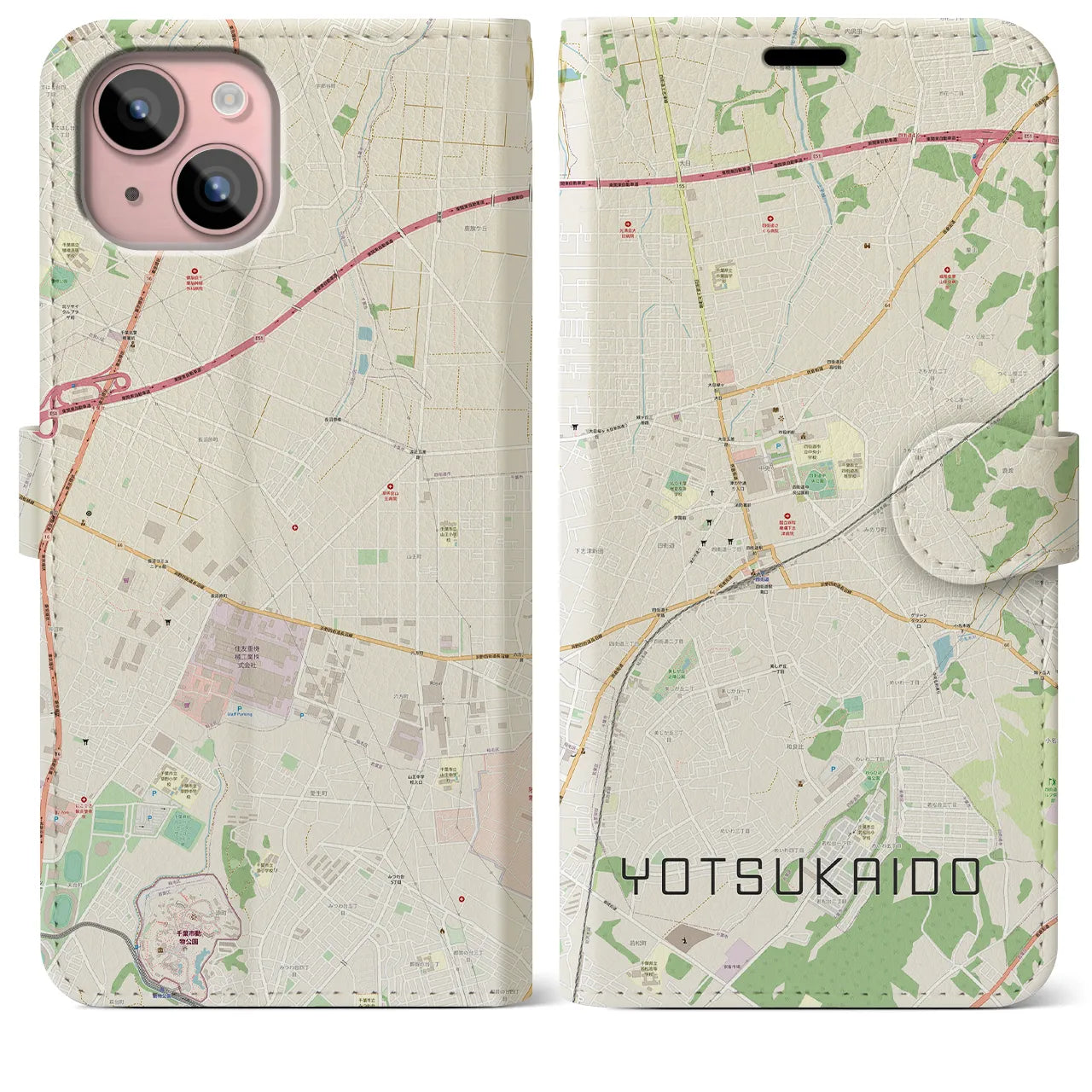 【四街道】地図柄iPhoneケース（手帳両面タイプ・ナチュラル）iPhone 15 Plus 用