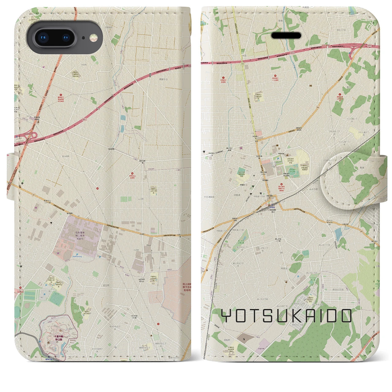 【四街道】地図柄iPhoneケース（手帳両面タイプ・ナチュラル）iPhone 8Plus /7Plus / 6sPlus / 6Plus 用