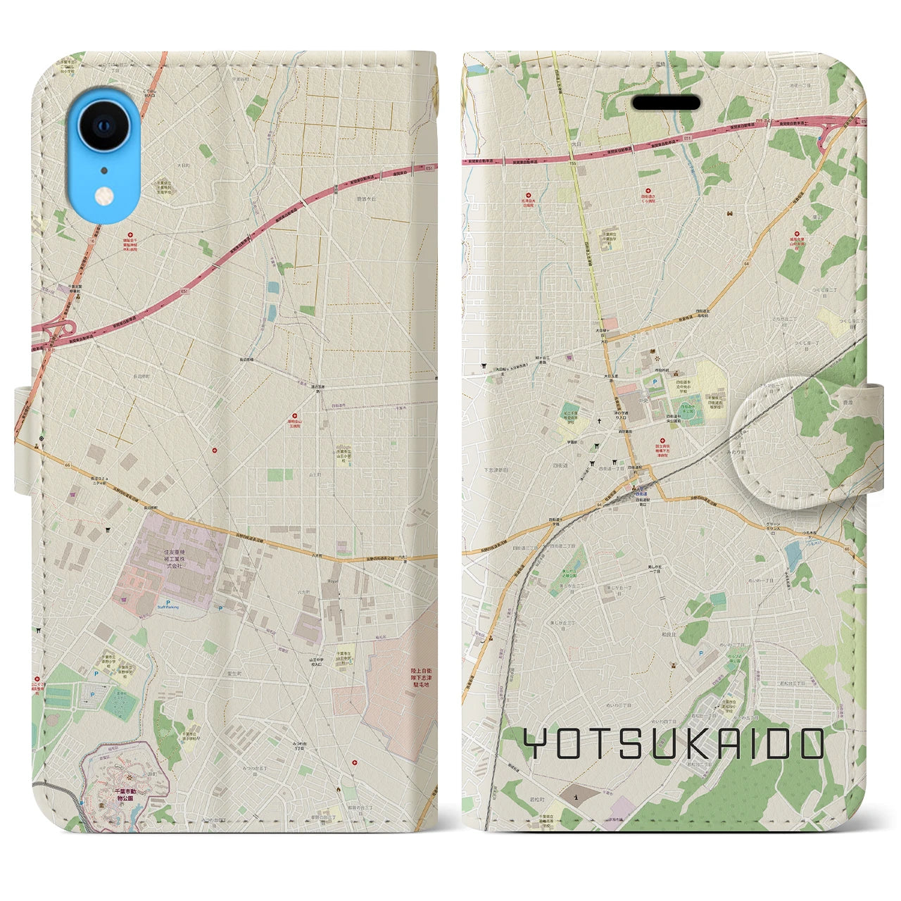 【四街道】地図柄iPhoneケース（手帳両面タイプ・ナチュラル）iPhone XR 用