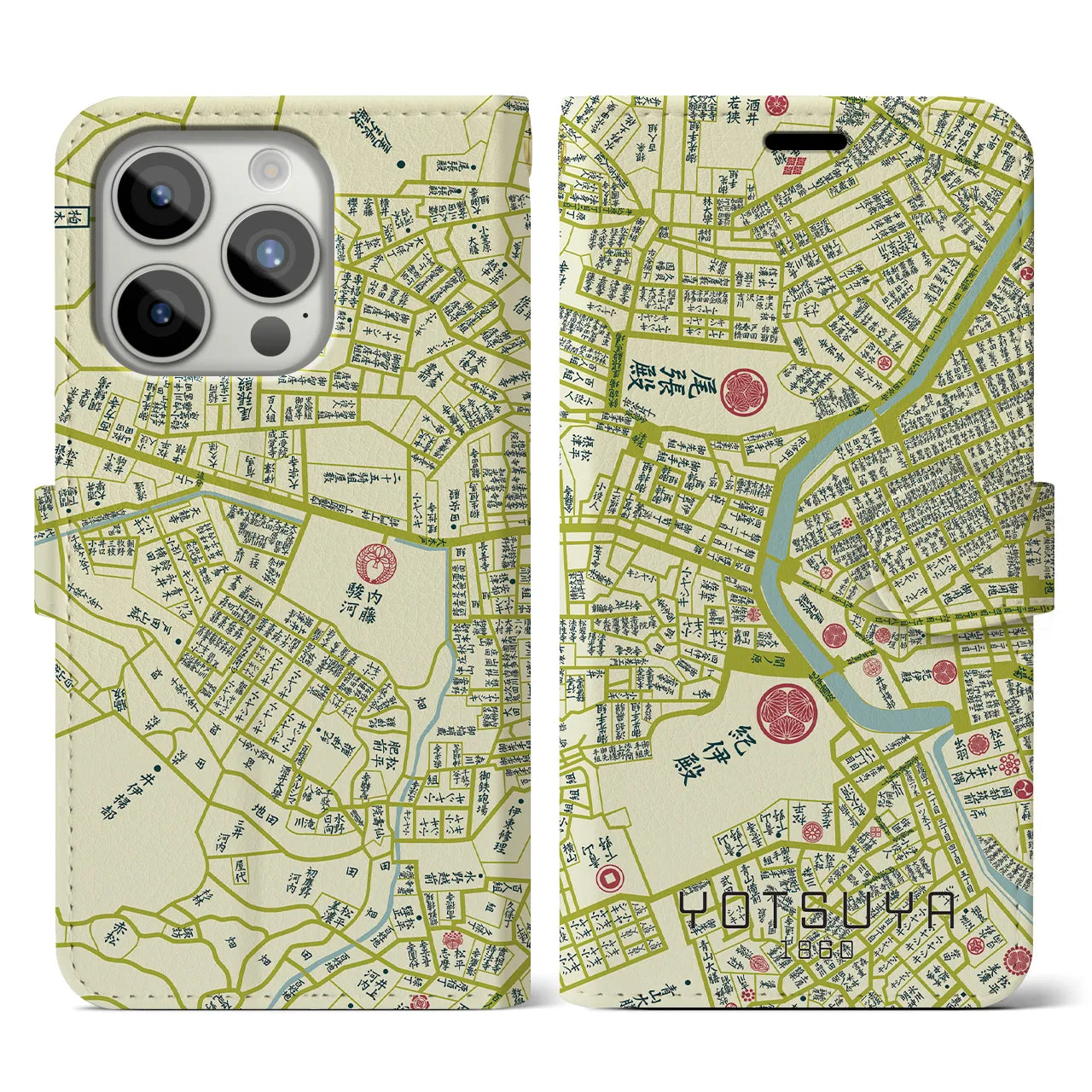 【四ツ谷1860】地図柄iPhoneケース（手帳両面タイプ・ナチュラル）iPhone 15 Pro 用