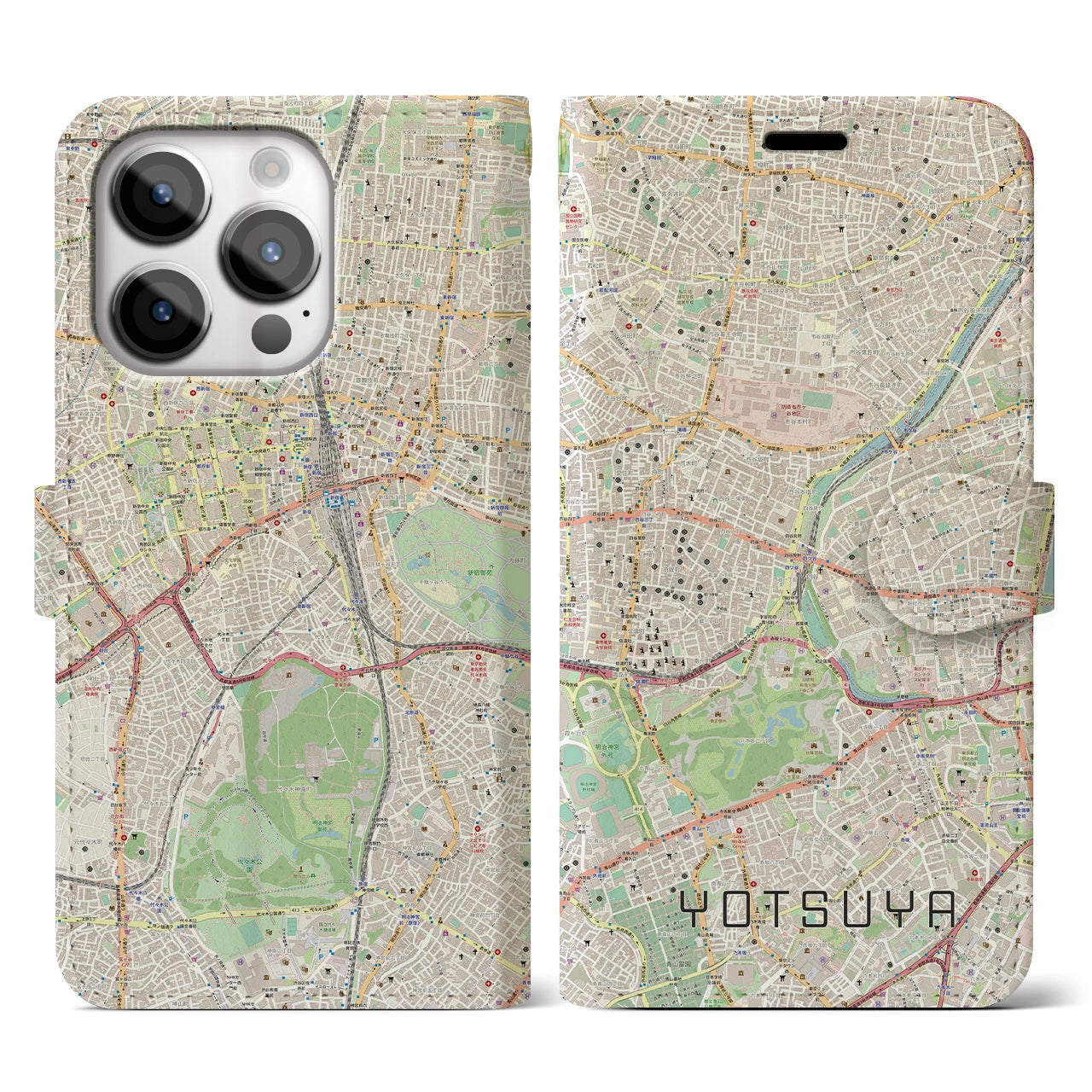 【四ツ谷】地図柄iPhoneケース（手帳両面タイプ・ナチュラル）iPhone 14 Pro 用