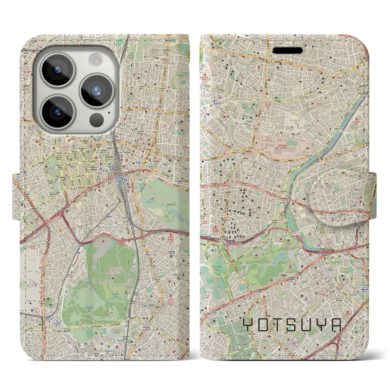 【四ツ谷】地図柄iPhoneケース（手帳両面タイプ・ナチュラル）iPhone 15 Pro 用