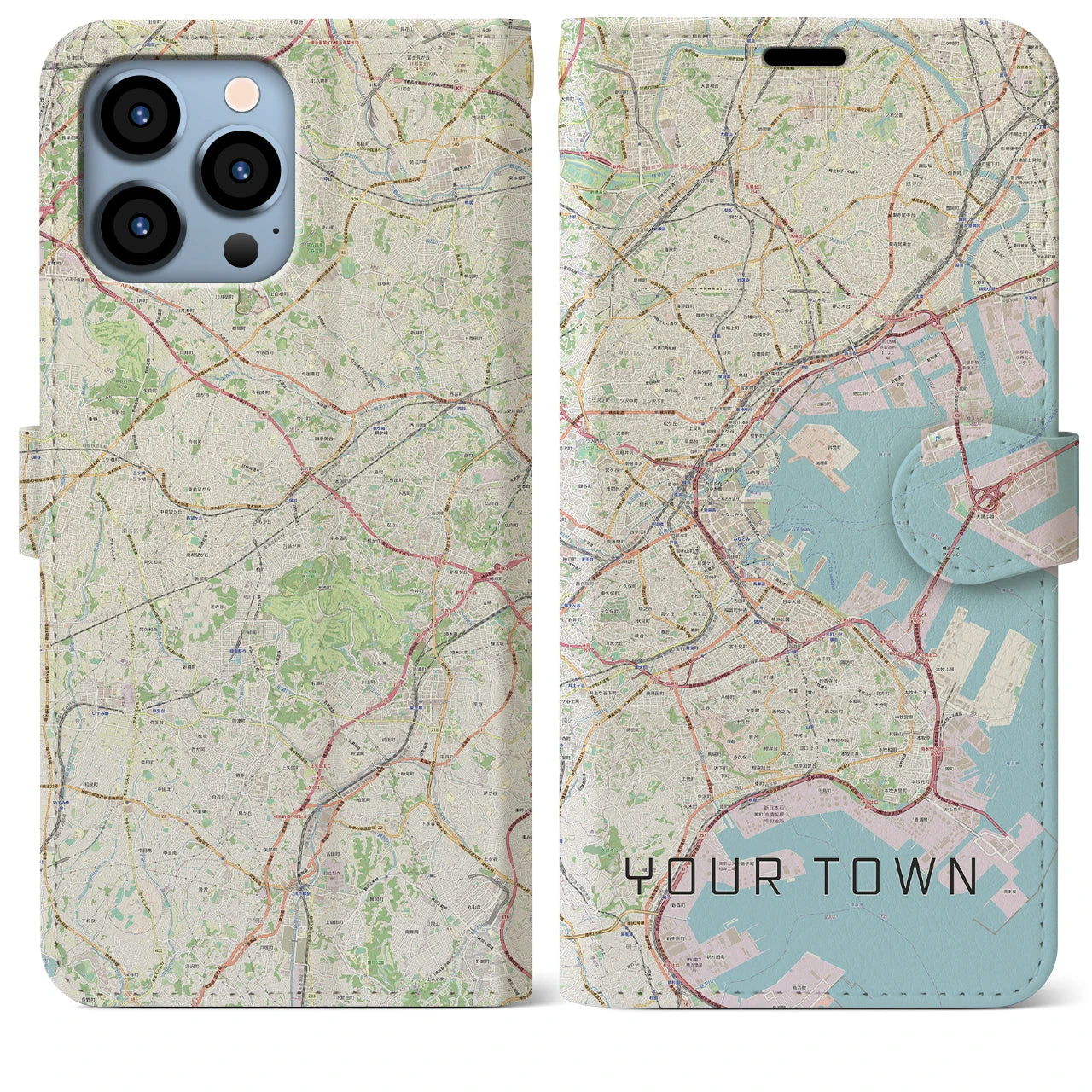【あなたの街】地図柄iPhoneケース（手帳両面タイプ特注A・ナチュラル）iPhone 13 Pro Max 用