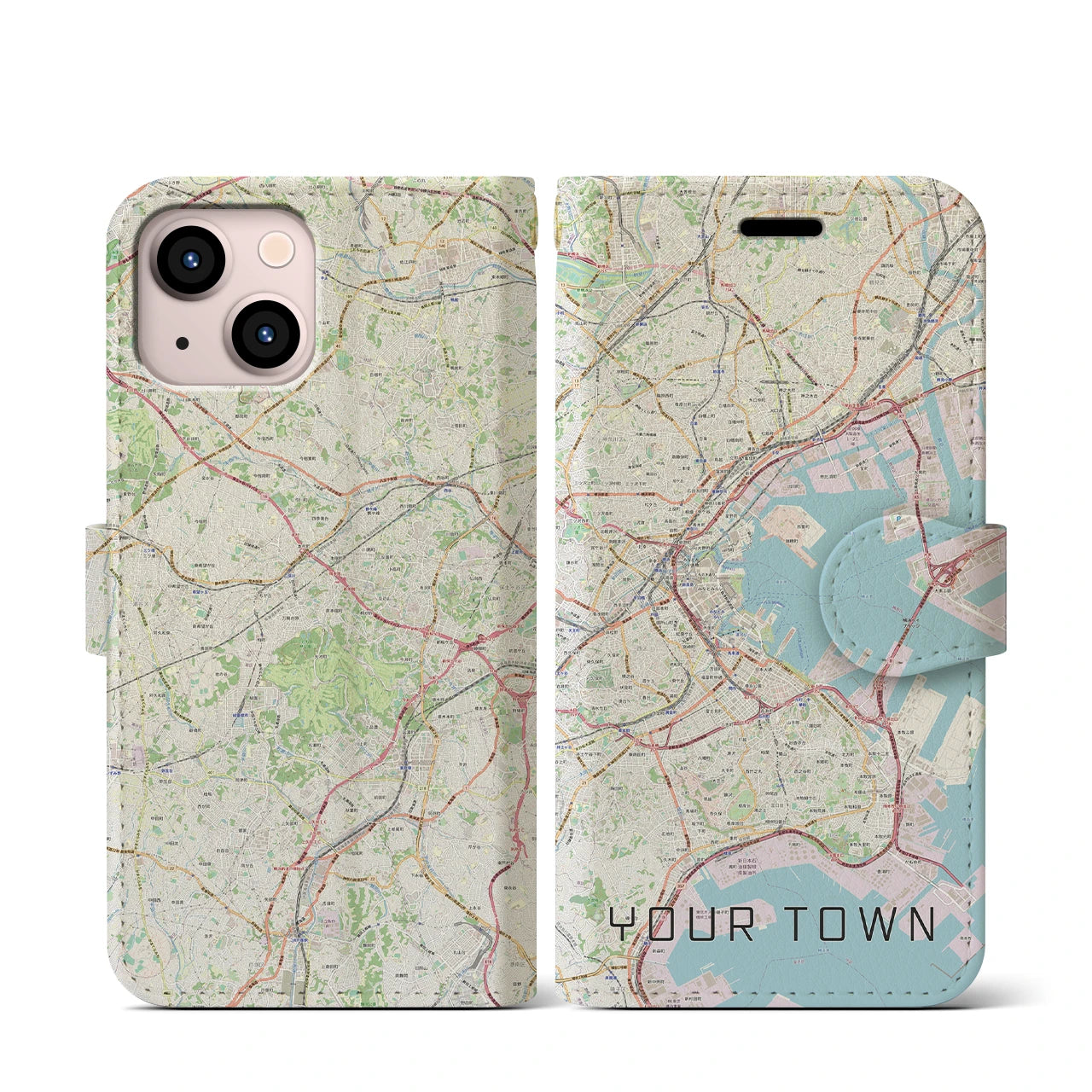 【あなたの街】地図柄iPhoneケース（手帳両面タイプ特注A・ナチュラル）iPhone 13 mini 用