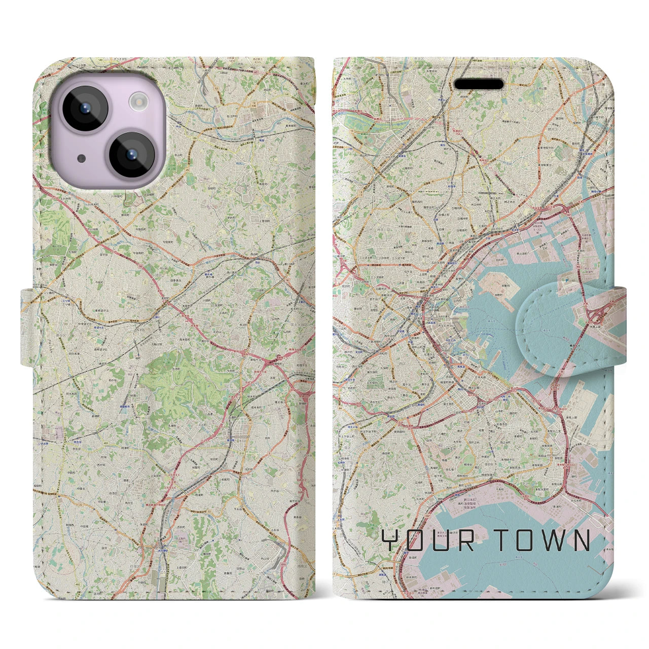 【あなたの街】地図柄iPhoneケース（手帳両面タイプ特注A・ナチュラル）iPhone 14 用