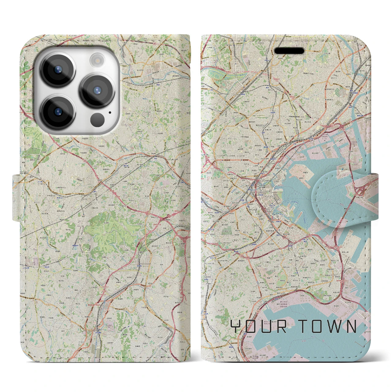 【あなたの街】地図柄iPhoneケース（手帳両面タイプ特注A・ナチュラル）iPhone 14 Pro 用