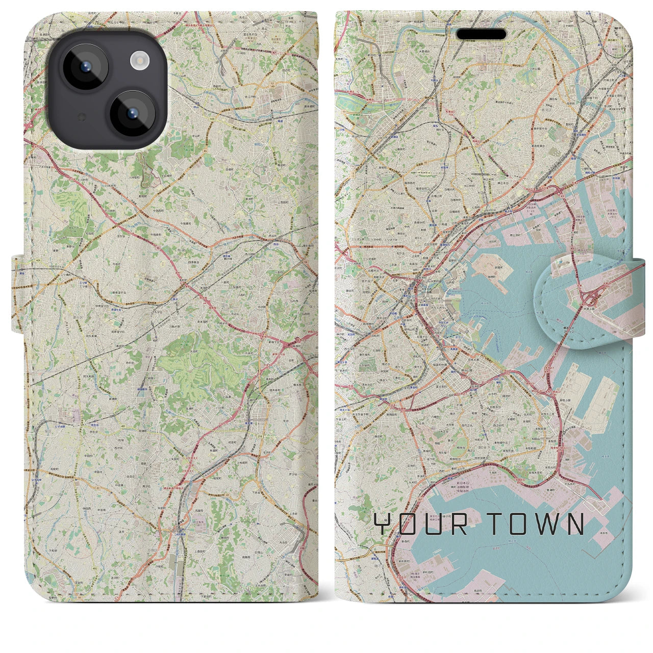 【あなたの街】地図柄iPhoneケース（手帳両面タイプ特注A・ナチュラル）iPhone 14 Plus 用