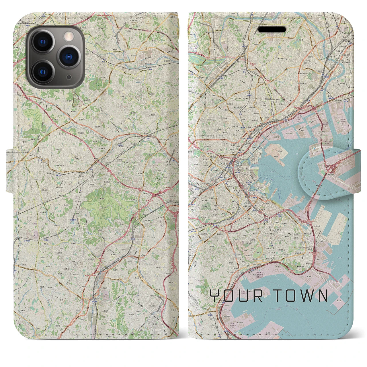 【あなたの街】地図柄iPhoneケース（手帳両面タイプ特注B・ナチュラル）iPhone 11 Pro Max 用