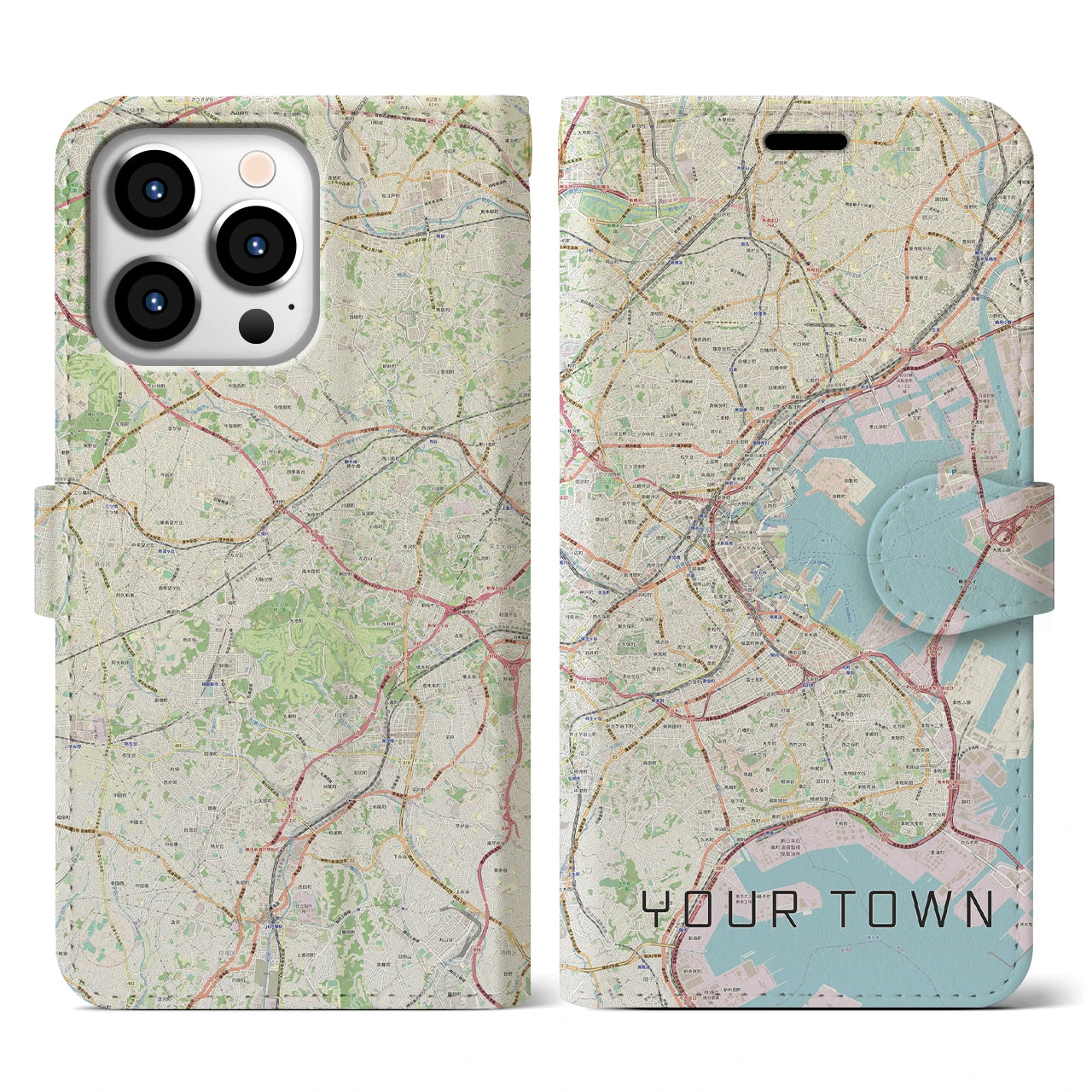 【あなたの街】地図柄iPhoneケース（手帳両面タイプ特注B・ナチュラル）iPhone 13 Pro 用
