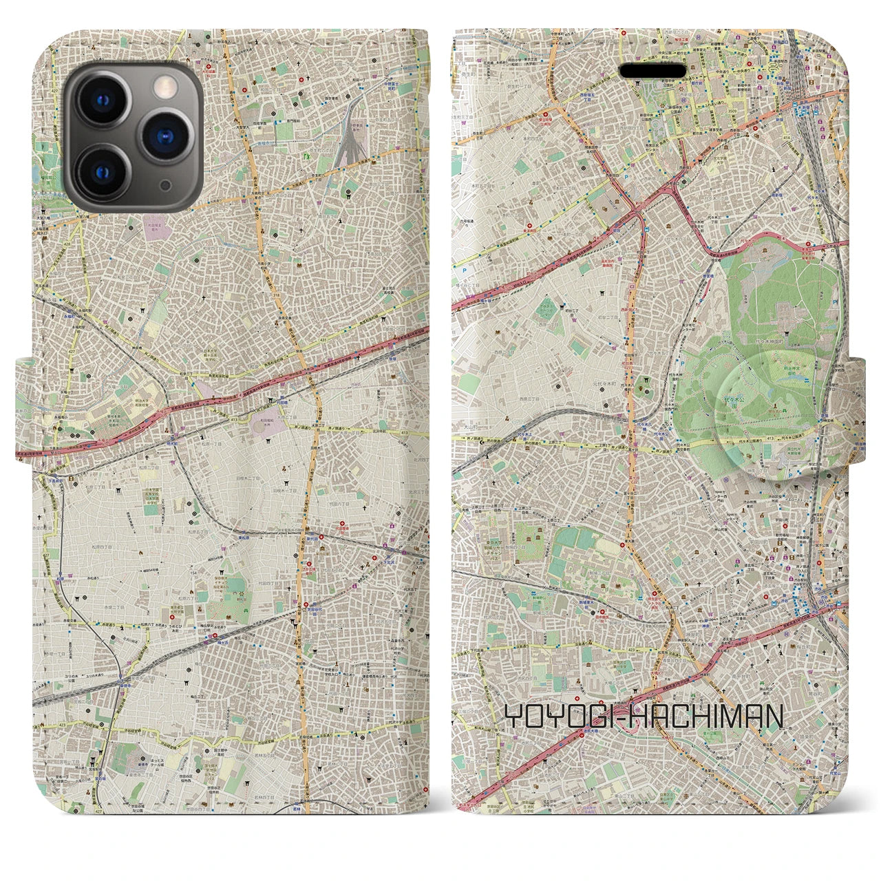 【代々木八幡】地図柄iPhoneケース（手帳両面タイプ・ナチュラル）iPhone 11 Pro Max 用