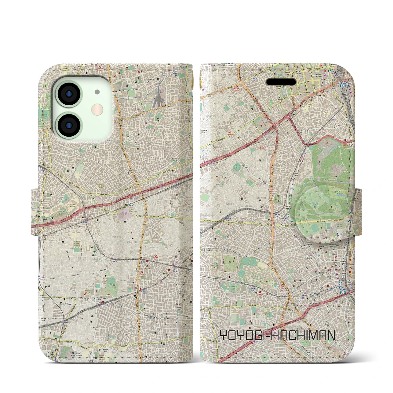 【代々木八幡】地図柄iPhoneケース（手帳両面タイプ・ナチュラル）iPhone 12 mini 用