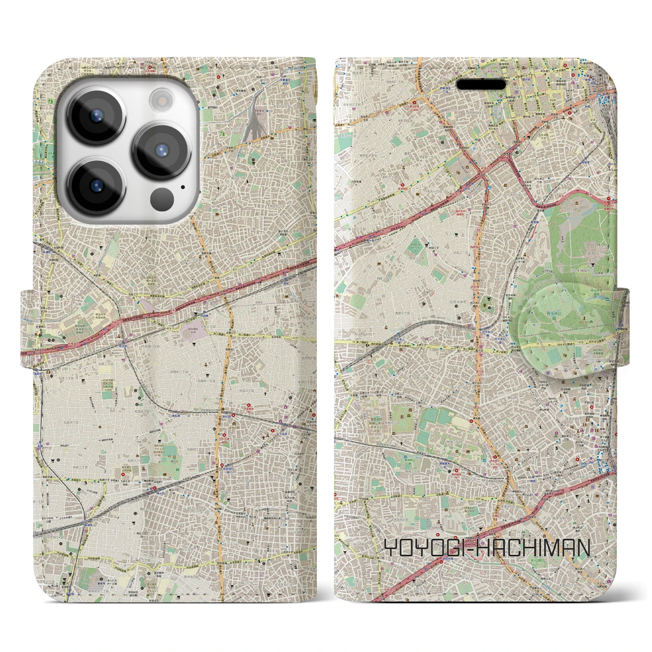 【代々木八幡】地図柄iPhoneケース（手帳両面タイプ・ナチュラル）iPhone 14 Pro 用