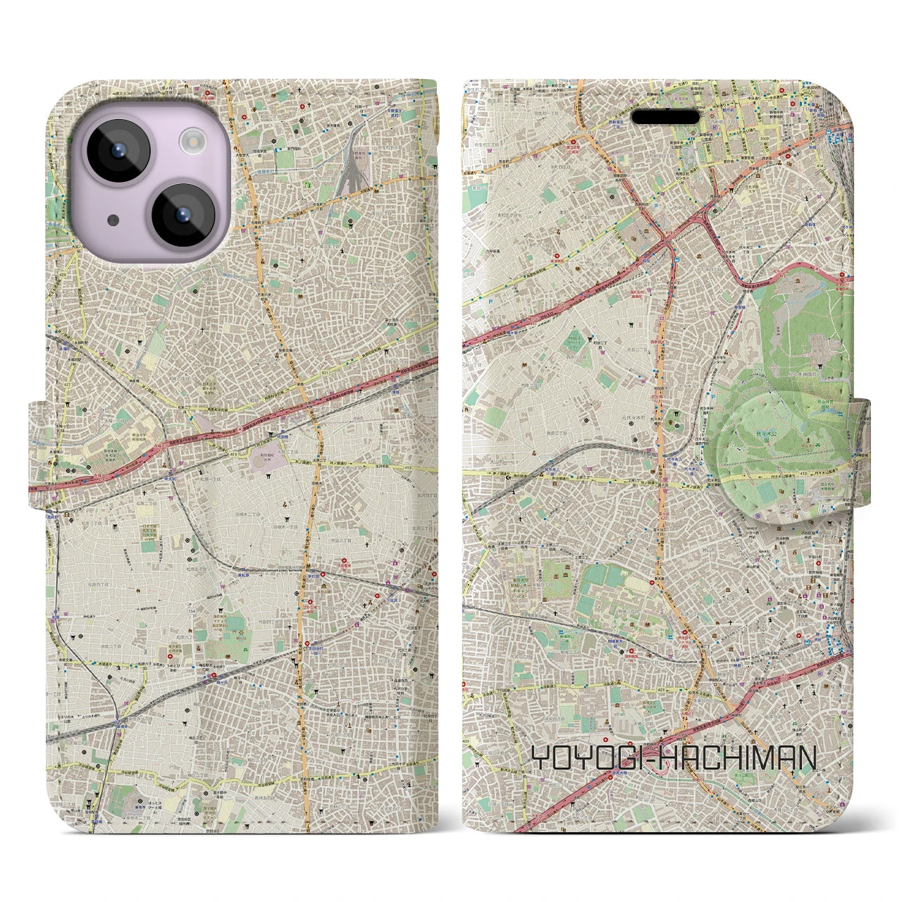 【代々木八幡】地図柄iPhoneケース（手帳両面タイプ・ナチュラル）iPhone 14 用