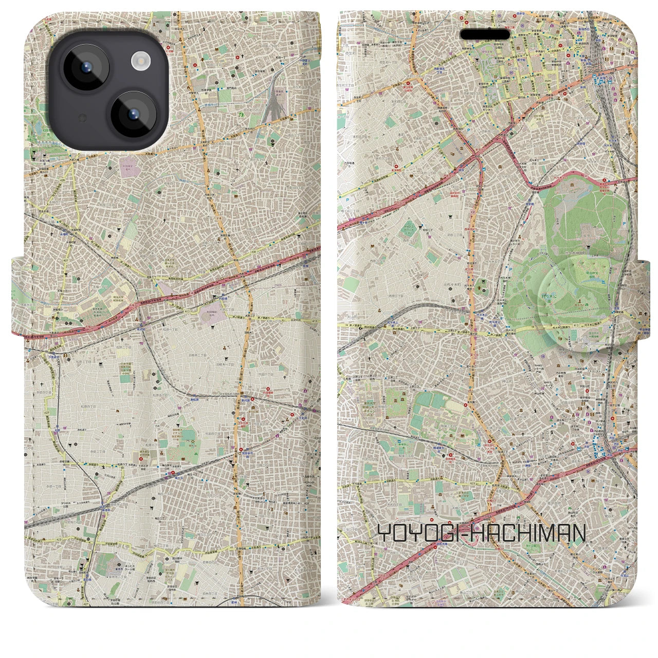 【代々木八幡】地図柄iPhoneケース（手帳両面タイプ・ナチュラル）iPhone 14 Plus 用