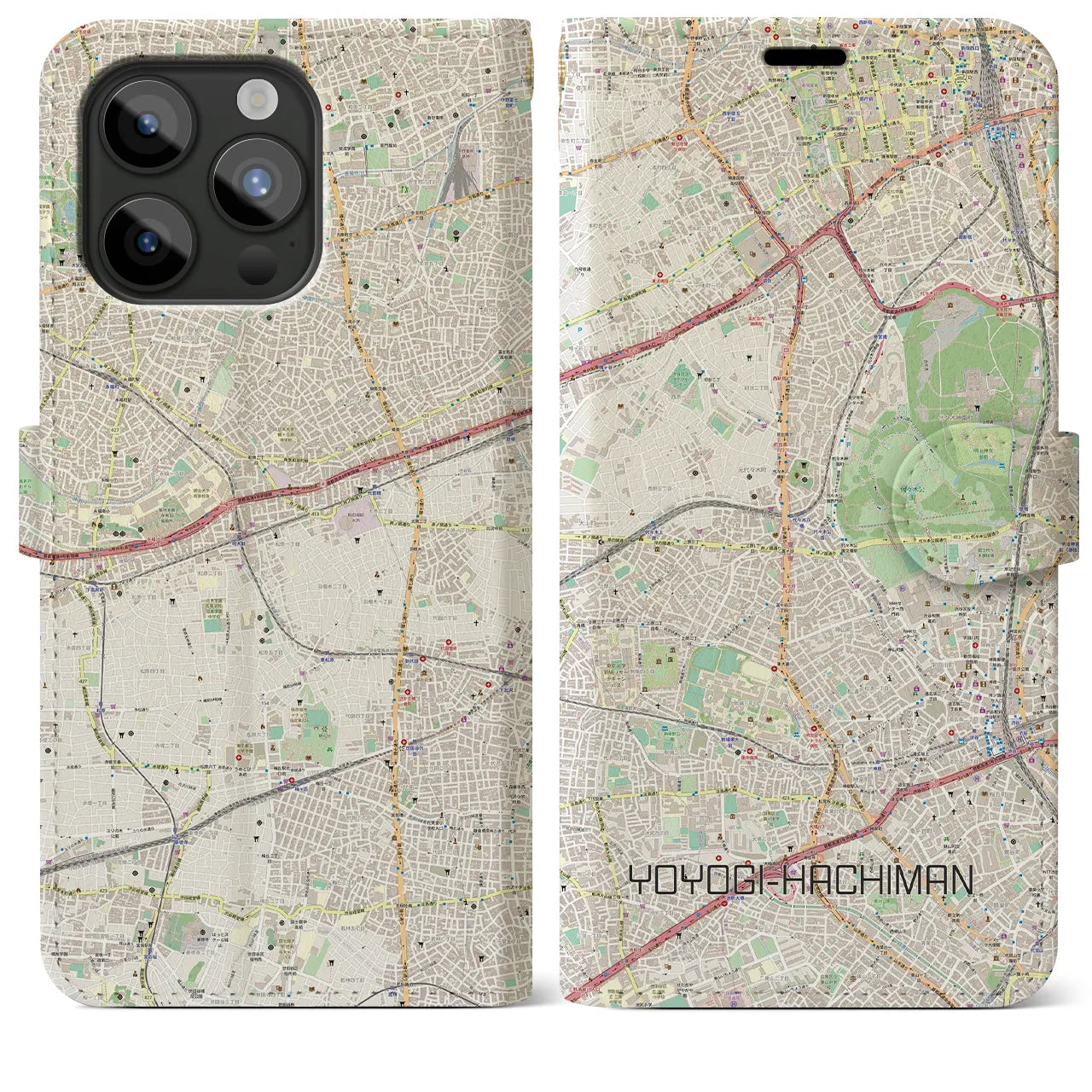 【代々木八幡】地図柄iPhoneケース（手帳両面タイプ・ナチュラル）iPhone 15 Pro Max 用