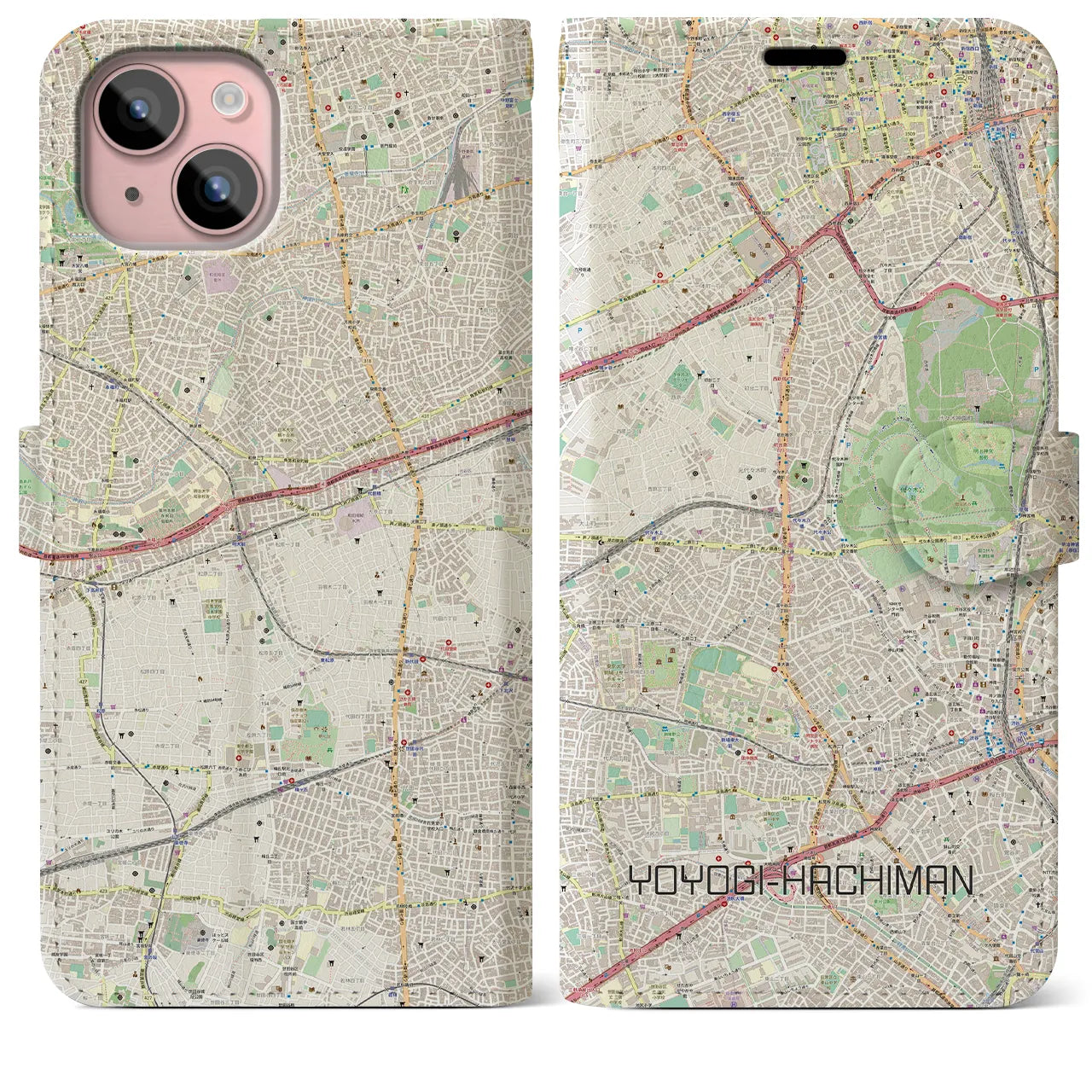 【代々木八幡】地図柄iPhoneケース（手帳両面タイプ・ナチュラル）iPhone 15 Plus 用