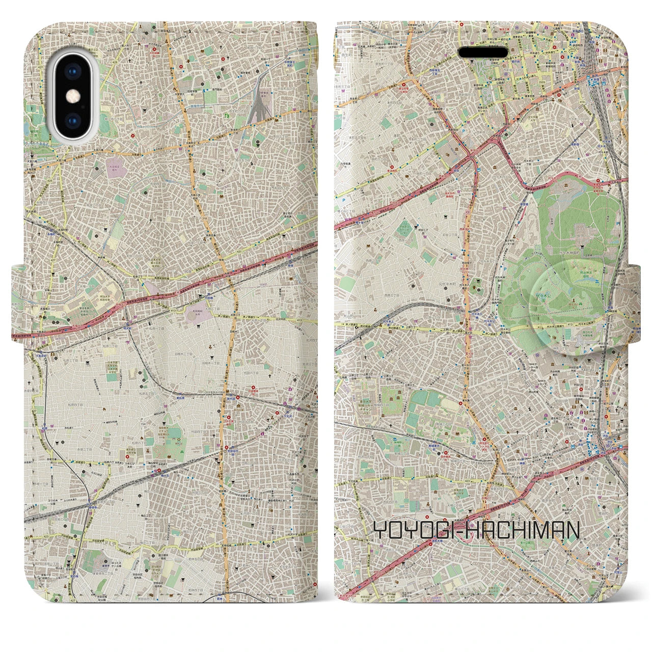 【代々木八幡】地図柄iPhoneケース（手帳両面タイプ・ナチュラル）iPhone XS Max 用