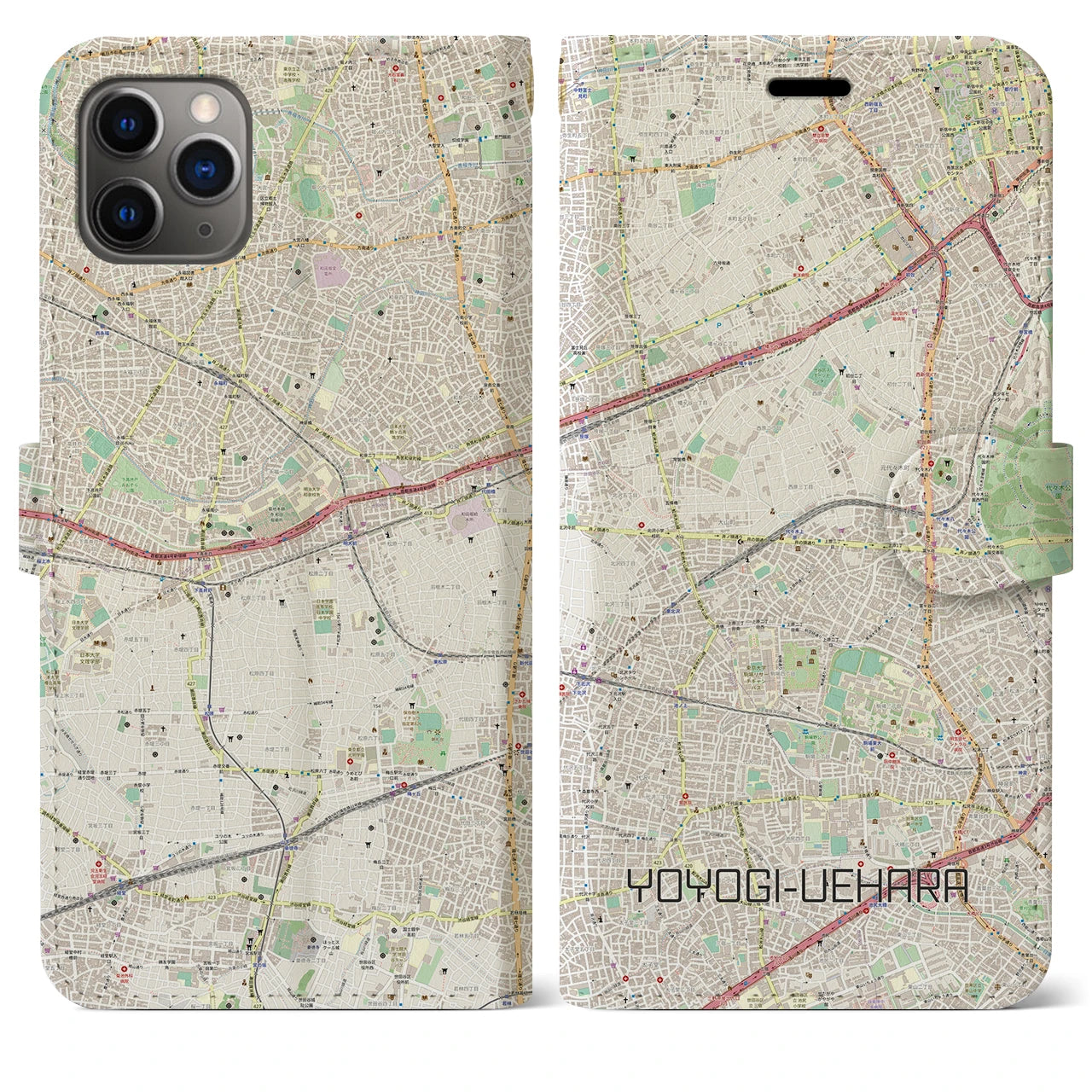 【代々木上原】地図柄iPhoneケース（手帳両面タイプ・ナチュラル）iPhone 11 Pro Max 用