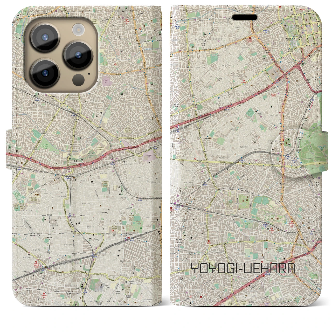 【代々木上原】地図柄iPhoneケース（手帳両面タイプ・ナチュラル）iPhone 14 Pro Max 用