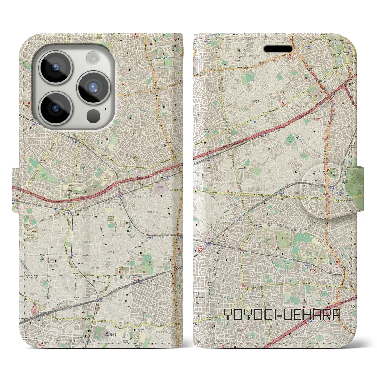 【代々木上原】地図柄iPhoneケース（手帳両面タイプ・ナチュラル）iPhone 15 Pro 用
