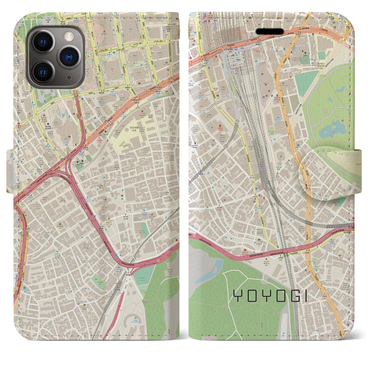 【代々木2】地図柄iPhoneケース（手帳両面タイプ・ナチュラル）iPhone 11 Pro Max 用