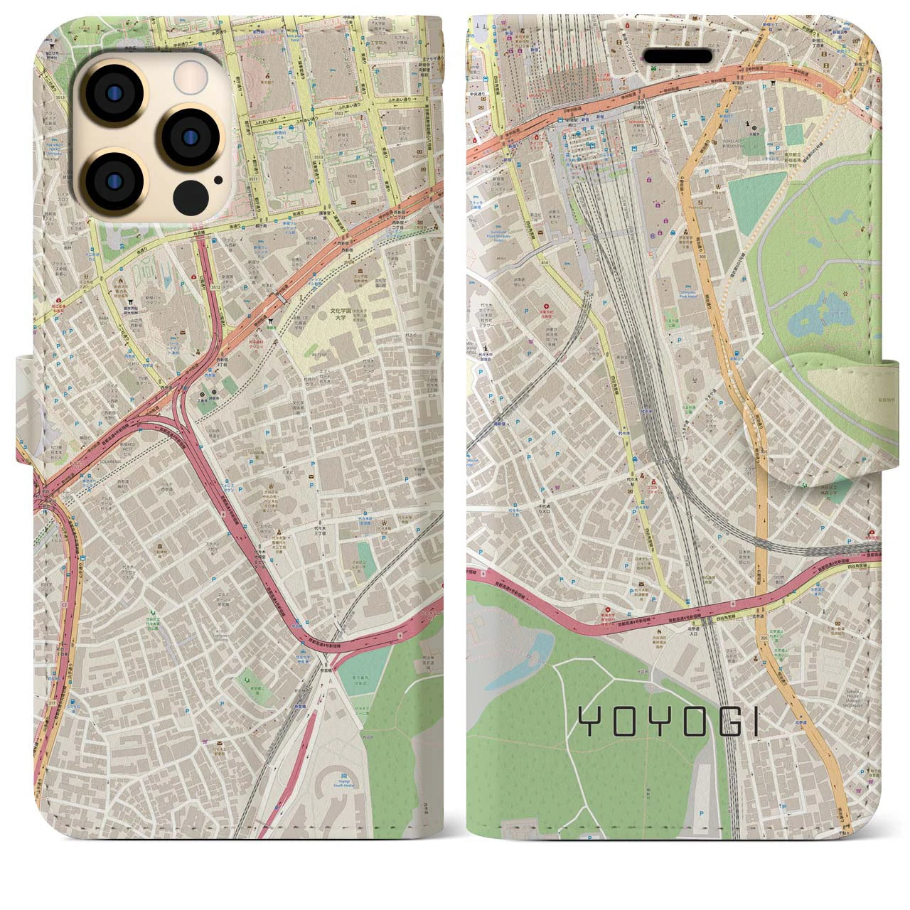 【代々木2】地図柄iPhoneケース（手帳両面タイプ・ナチュラル）iPhone 12 Pro Max 用