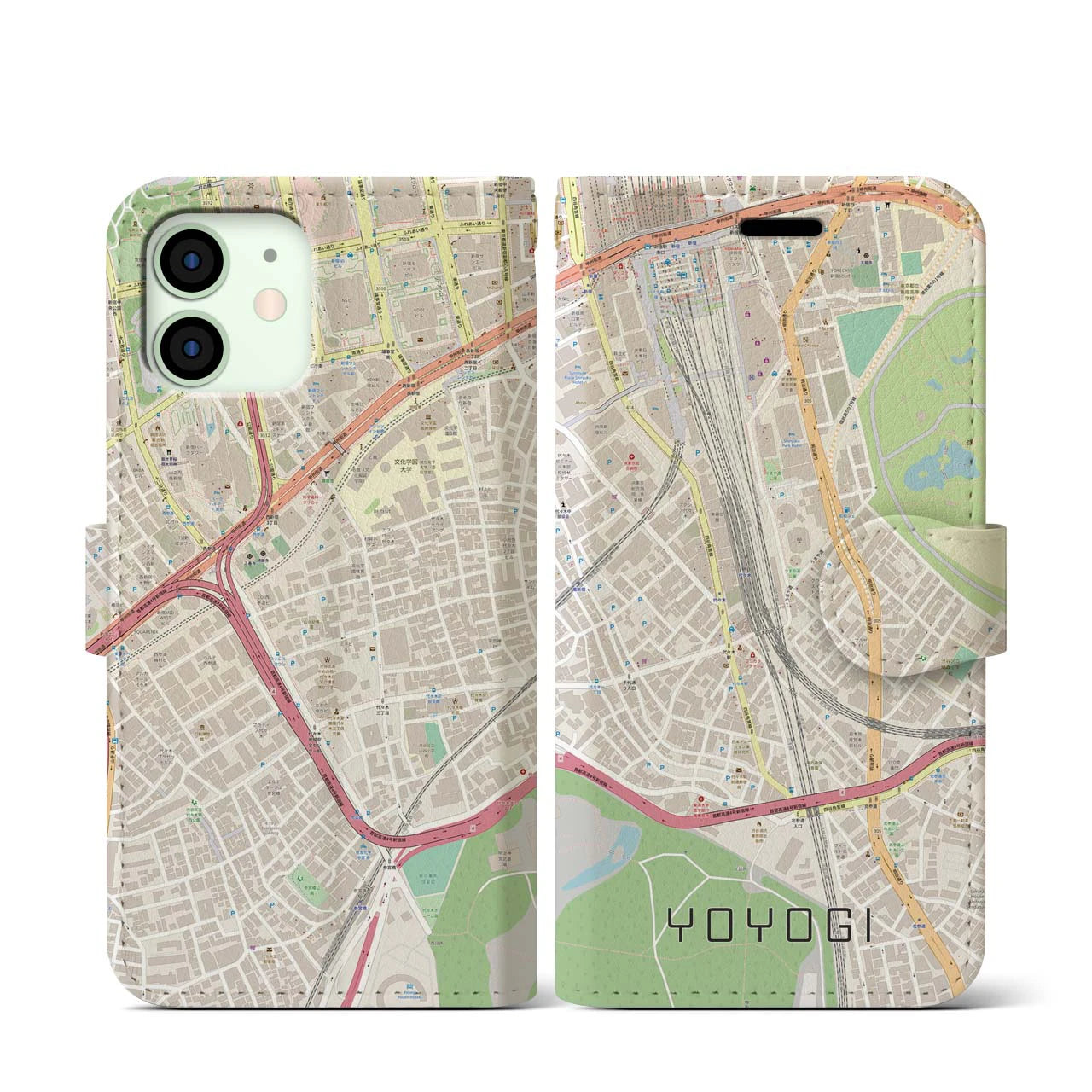 【代々木2】地図柄iPhoneケース（手帳両面タイプ・ナチュラル）iPhone 12 mini 用