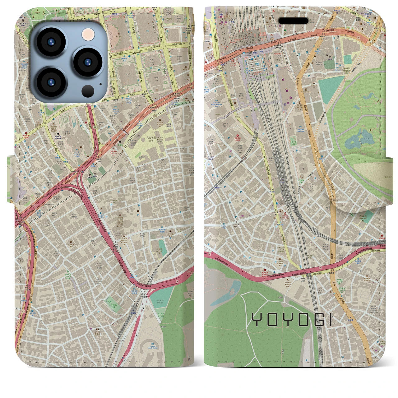 【代々木2】地図柄iPhoneケース（手帳両面タイプ・ナチュラル）iPhone 13 Pro Max 用