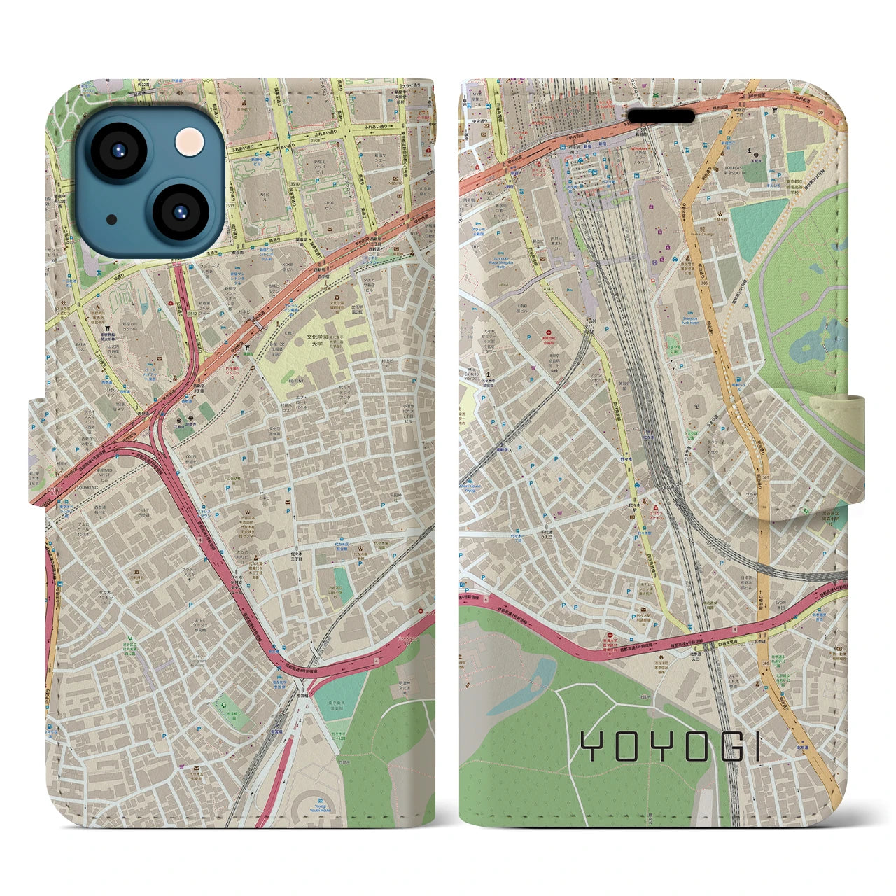 【代々木2】地図柄iPhoneケース（手帳両面タイプ・ナチュラル）iPhone 13 Pro 用