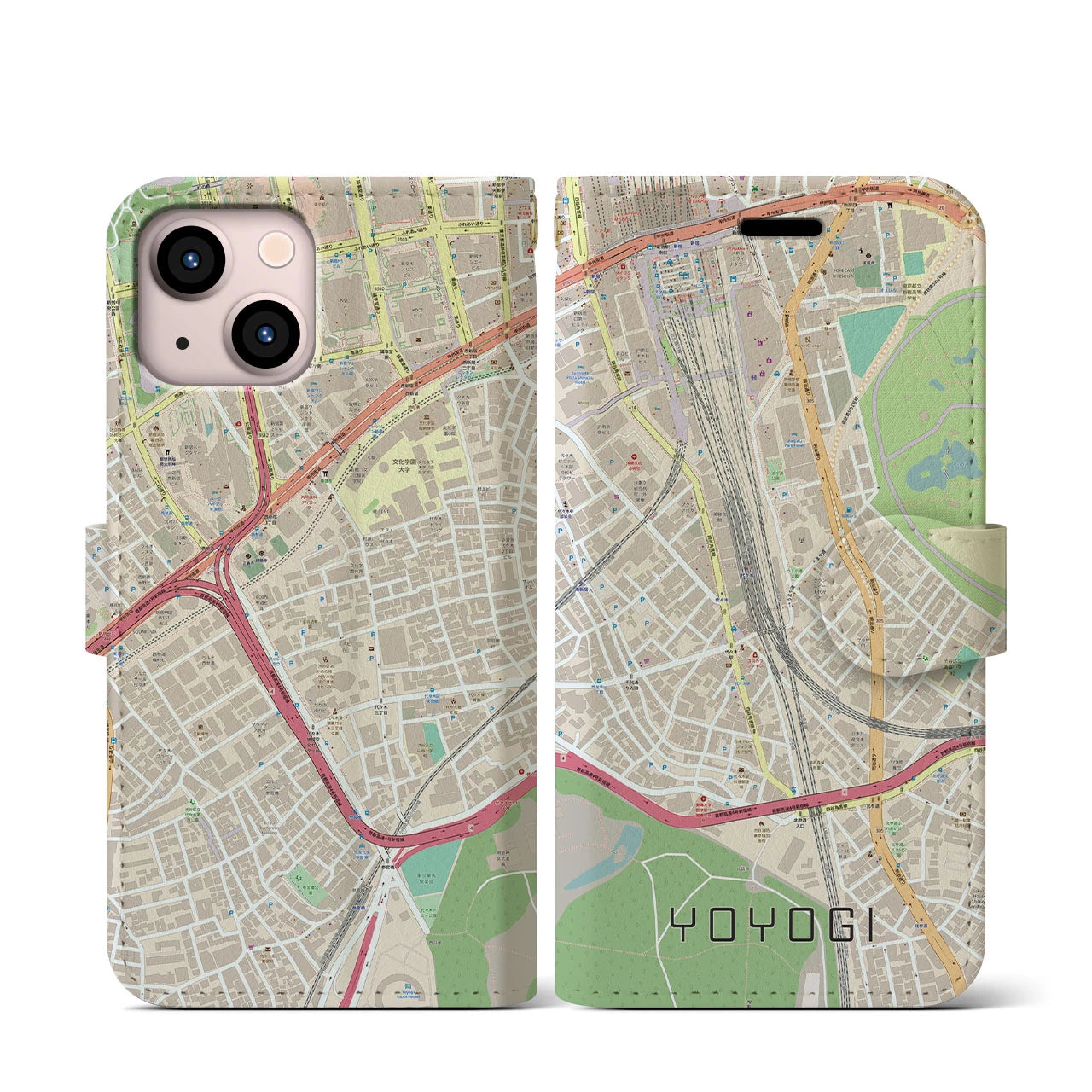 【代々木2】地図柄iPhoneケース（手帳両面タイプ・ナチュラル）iPhone 13 mini 用