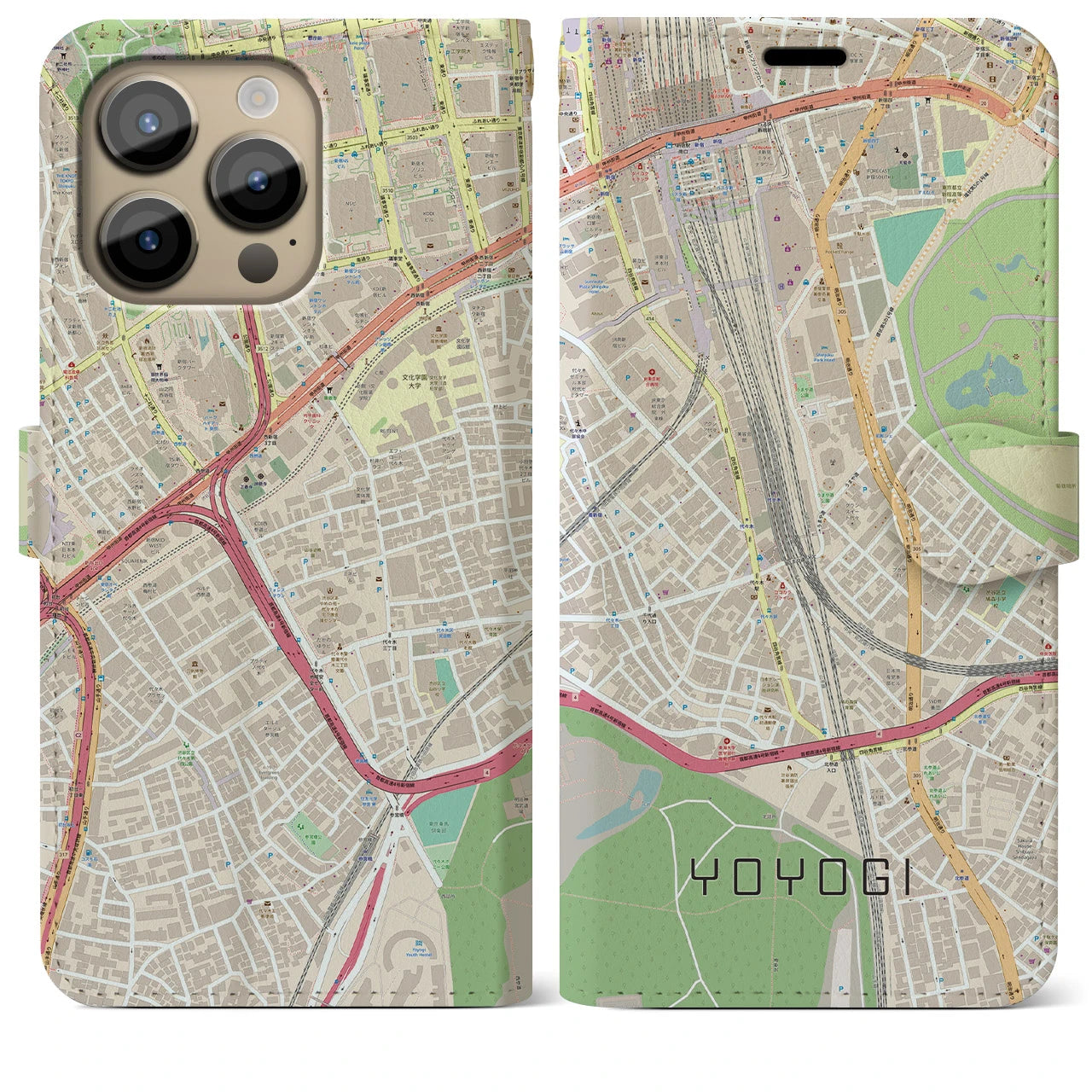 【代々木2】地図柄iPhoneケース（手帳両面タイプ・ナチュラル）iPhone 14 Pro Max 用