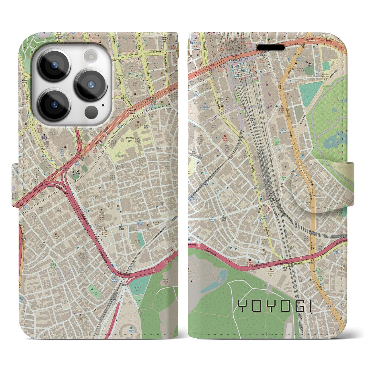【代々木2】地図柄iPhoneケース（手帳両面タイプ・ナチュラル）iPhone 14 Pro 用