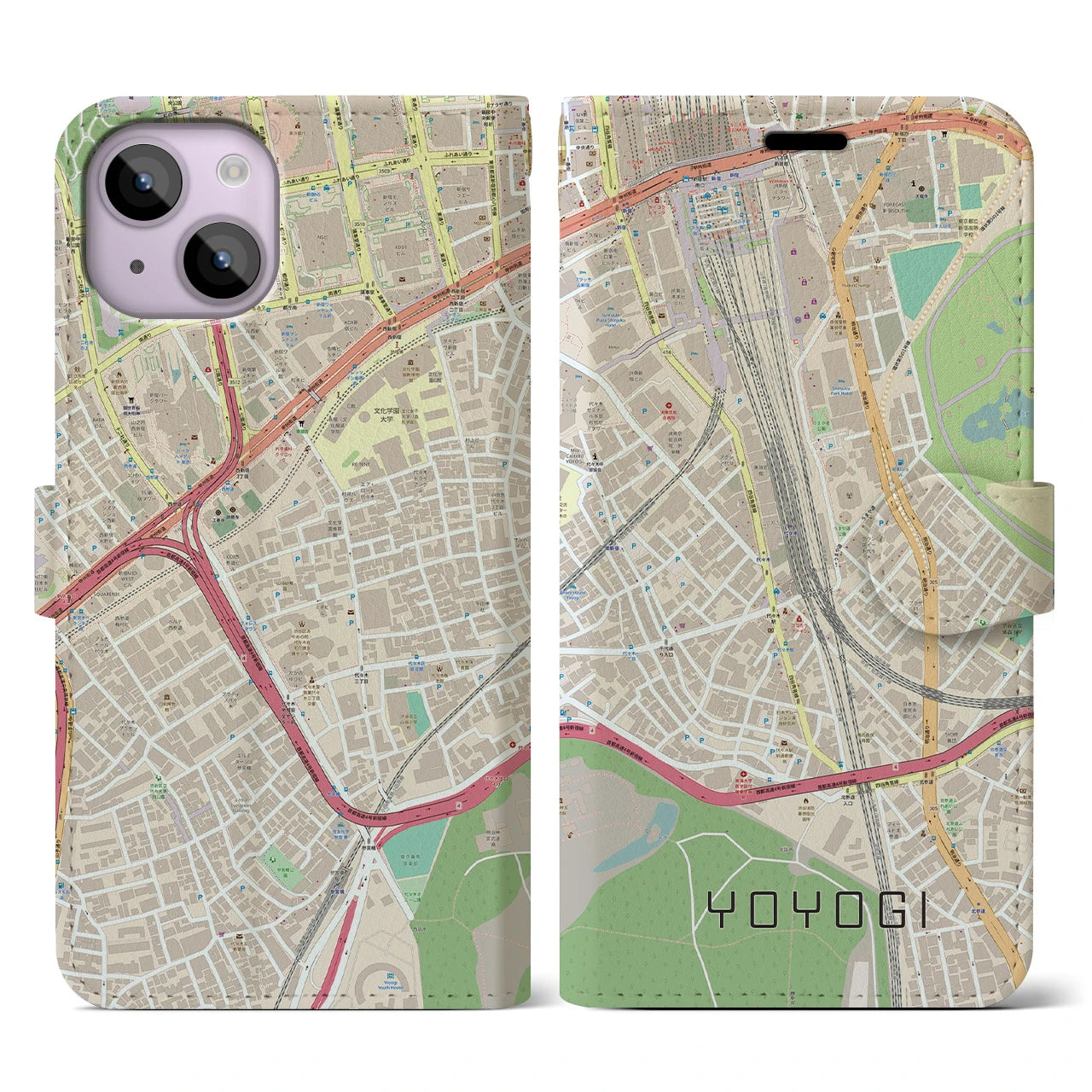 【代々木2】地図柄iPhoneケース（手帳両面タイプ・ナチュラル）iPhone 14 用