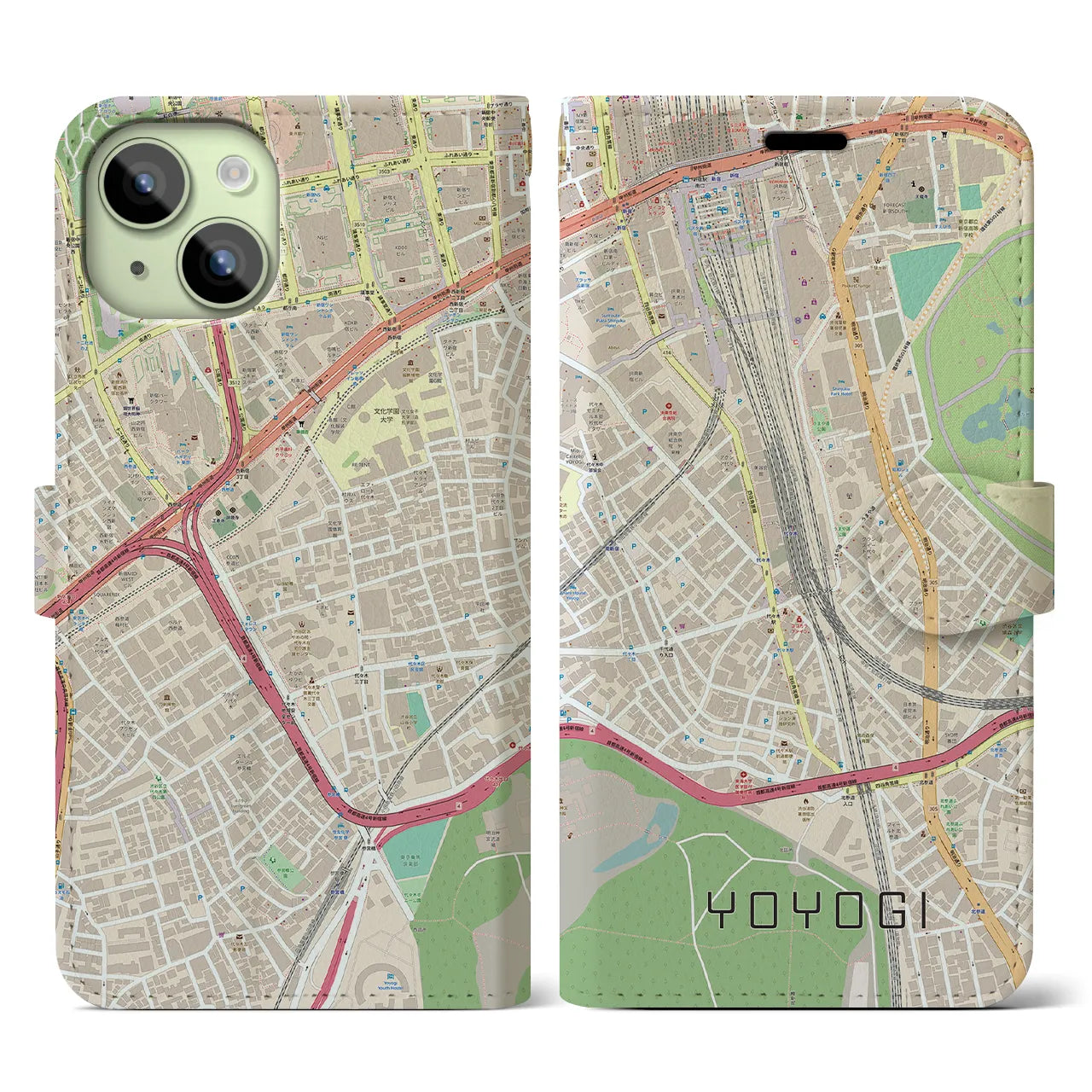 【代々木2】地図柄iPhoneケース（手帳両面タイプ・ナチュラル）iPhone 15 用